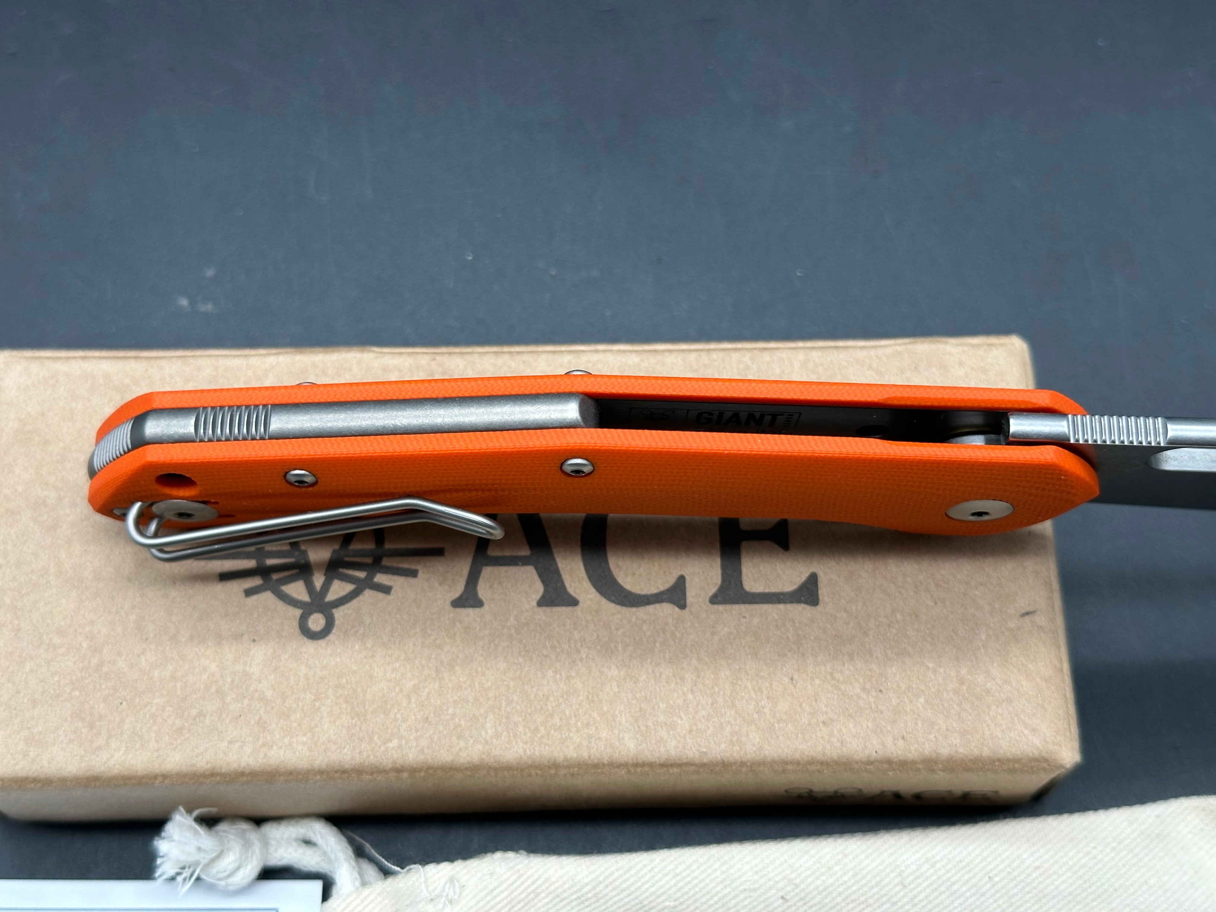 GiantMouse Ace Jutland 3.35" Elmax SuperClean Stonewash Blade with Orange G10 Scales