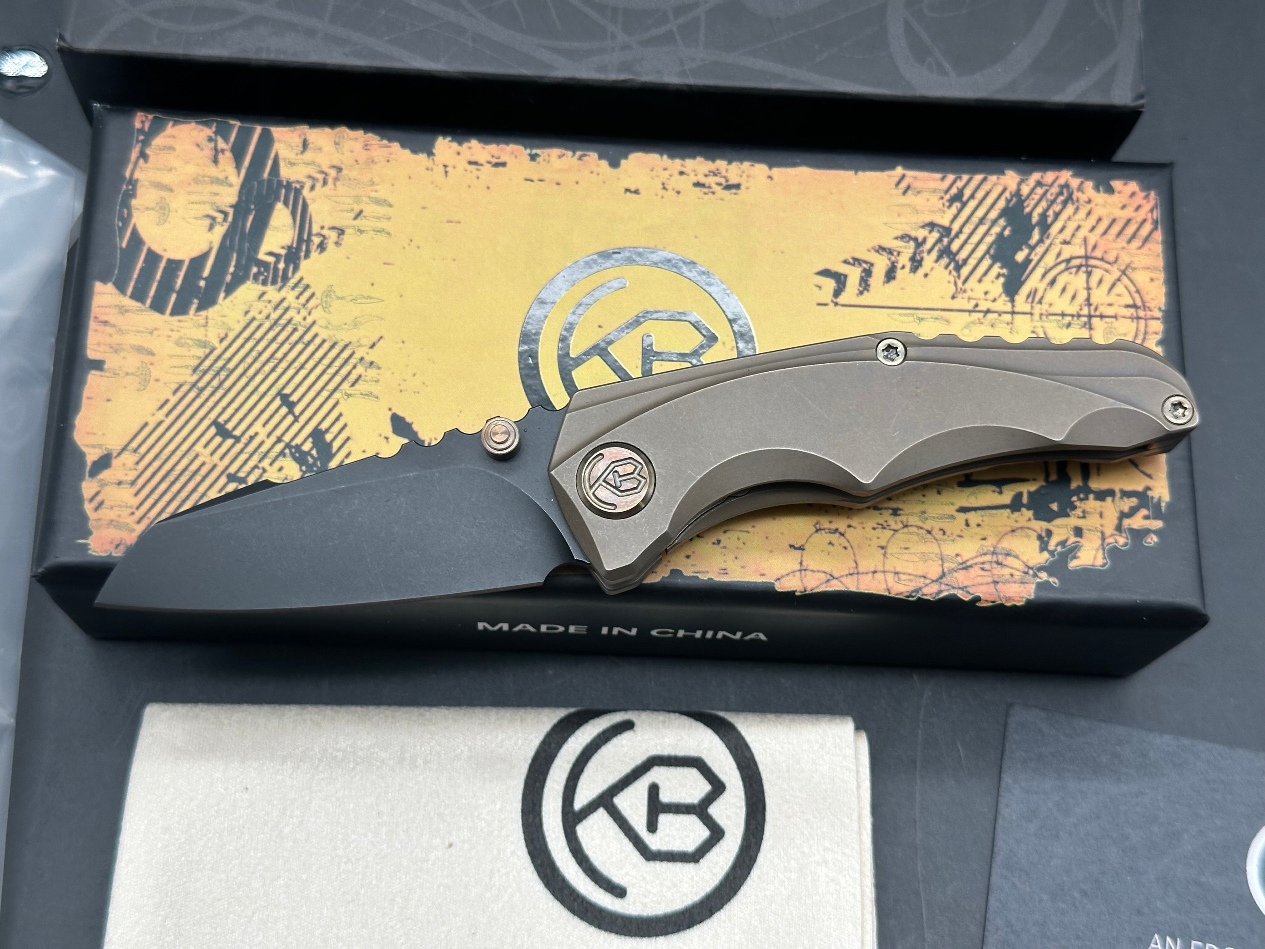 KB Steeltle Folding Knife Bronze Titanium Handle 2.36" Blackwash M390 Blade KB390D