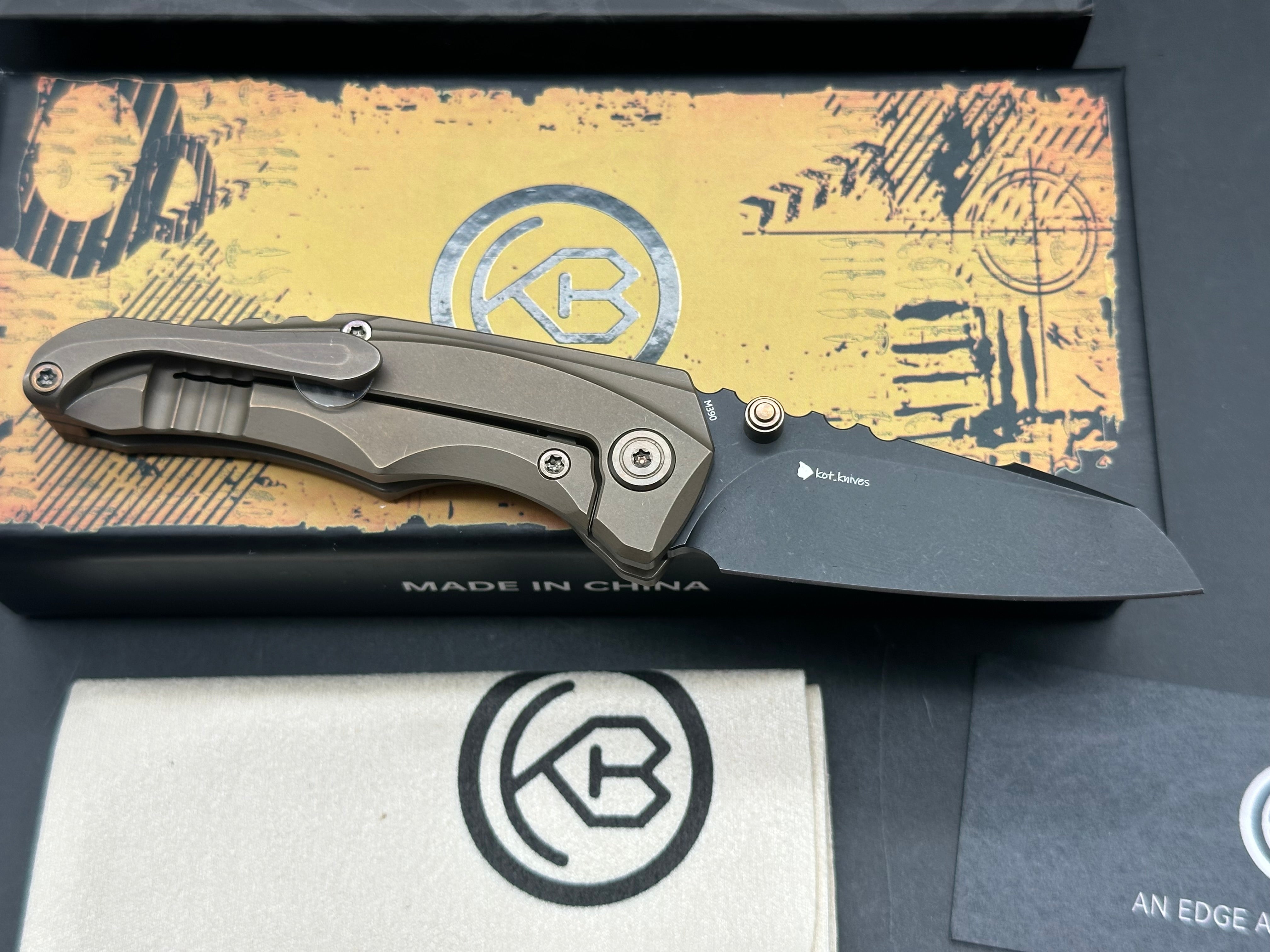 KB Steeltle Folding Knife Bronze Titanium Handle 2.36" Blackwash M390 Blade KB390D