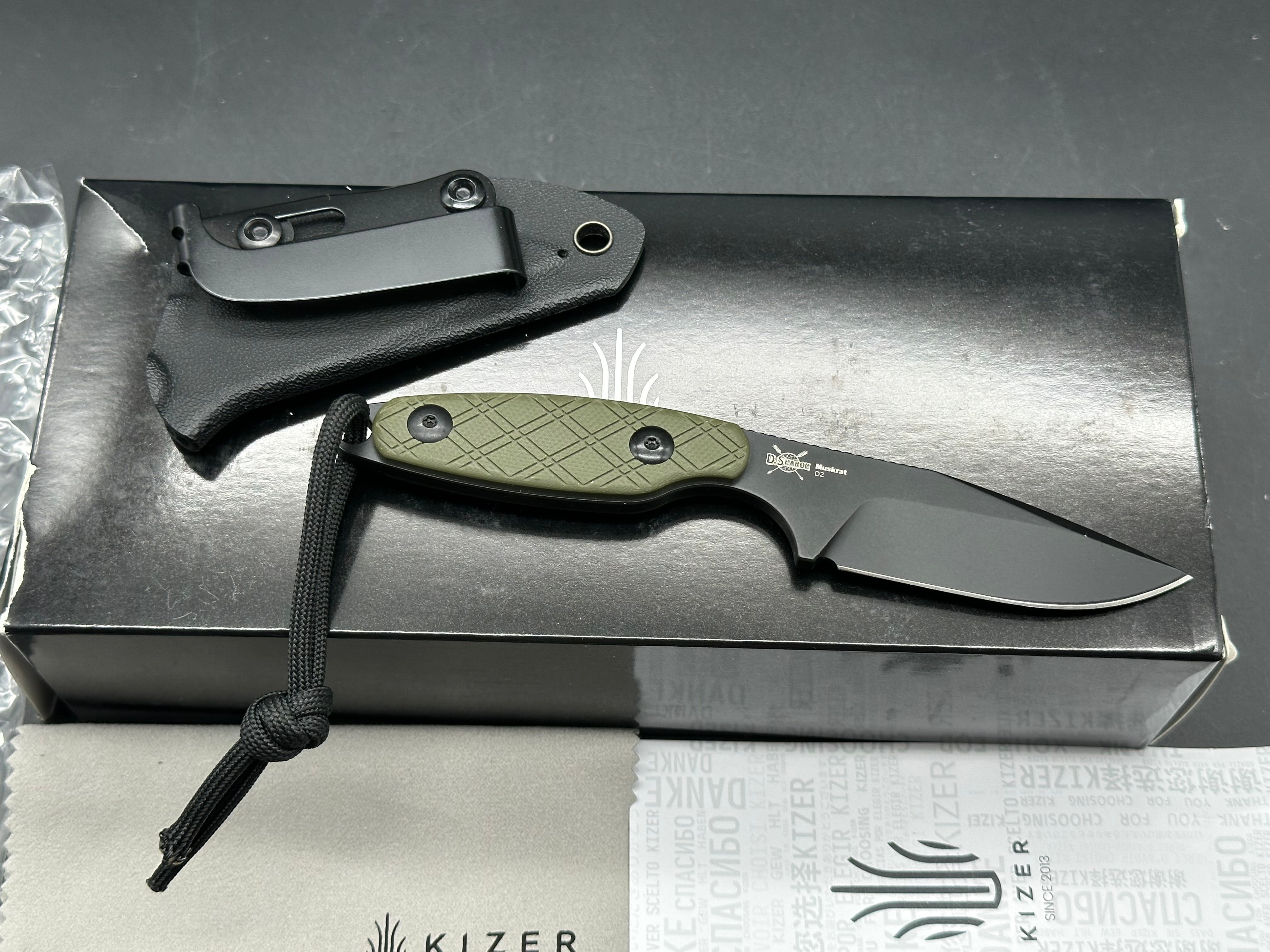 KIZER MUSKRAT FIXED BLADE KNIFE GREEN G10 HANDLE D2 CLIP POINT PLAIN BLACK BLADE
