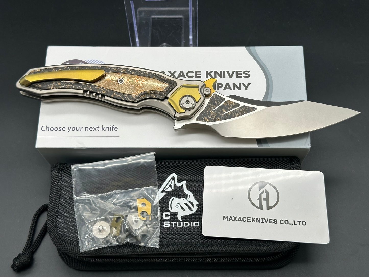 MAXACE XI POCKET KNIFE TITANIUM HANDLE MOKUME INLAY CPM- S110V BLADE STEEL