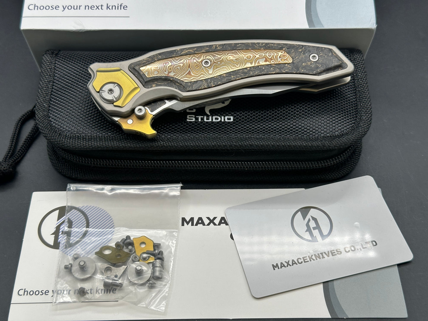 MAXACE XI POCKET KNIFE TITANIUM HANDLE MOKUME INLAY CPM- S110V BLADE STEEL