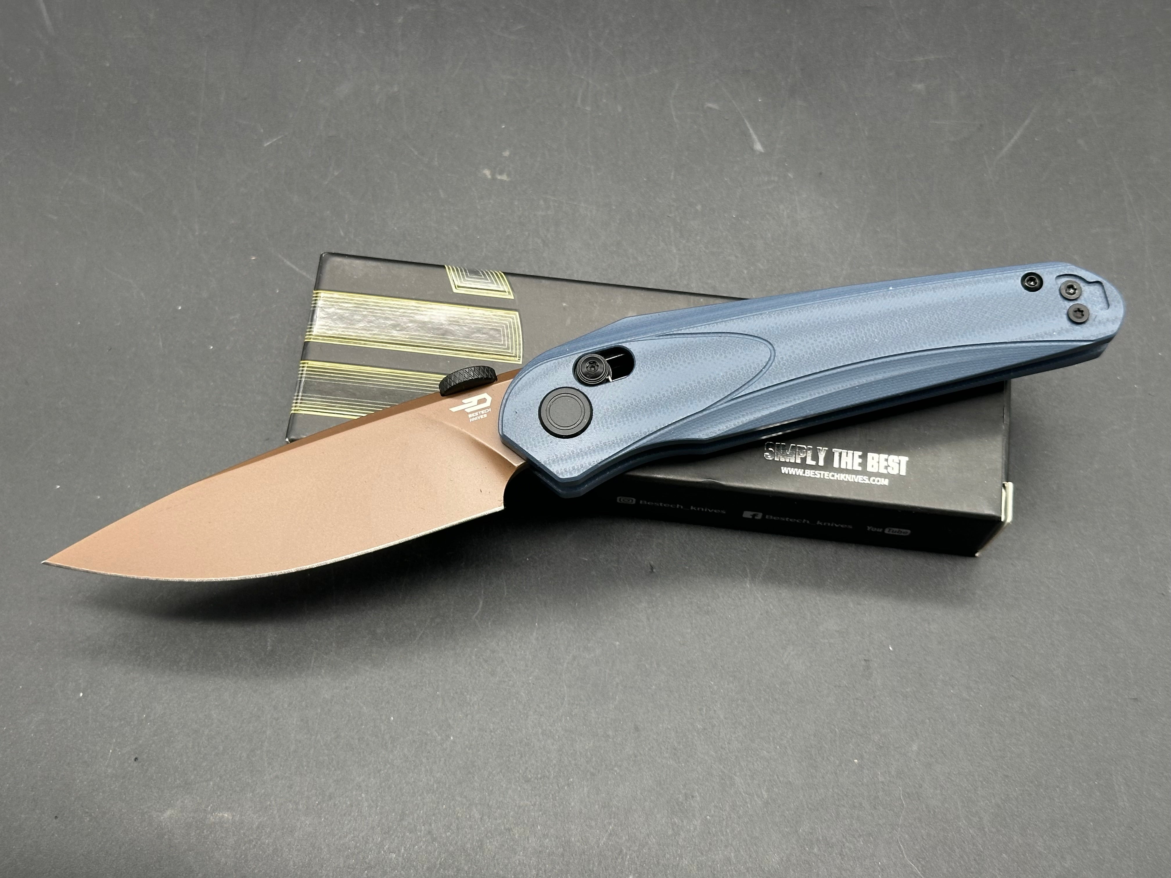 BESTECH MOTHUS FOLDING KNIFE BLUE/GRAY G10 HANDLE 14C28N DROP POINT PLAIN EDGE GOLD PVD FINISH