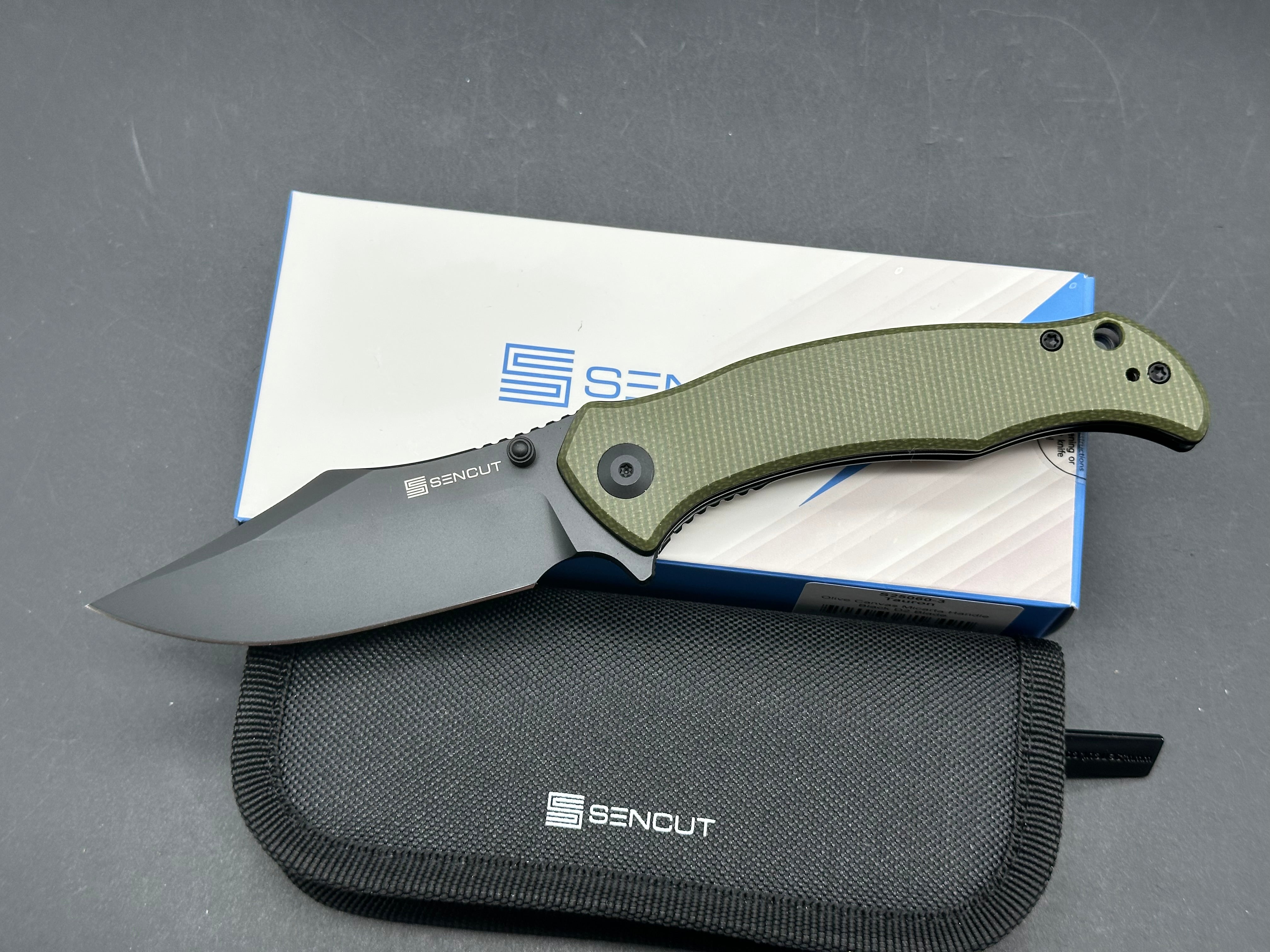 SENCUT TAURON FOLDING KNIFE Olive micarta HANDLE D2 PLAIN EDGE SATIN FINISH