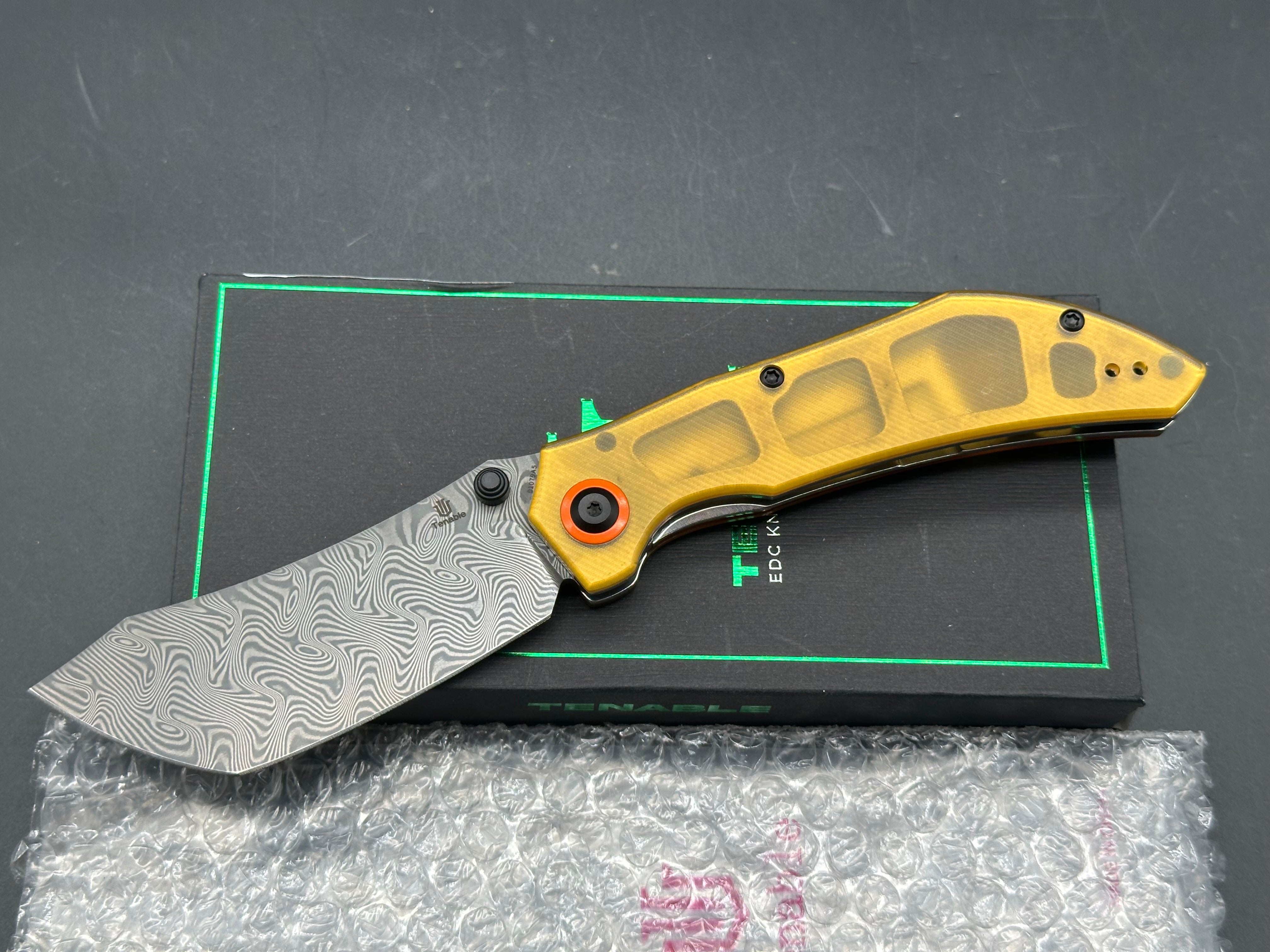 Tenable Tipper Folding Knife | 3.39'' Water Ripple Damascus Blade | Amber PEI Handle | Edgy Bladeworks Design