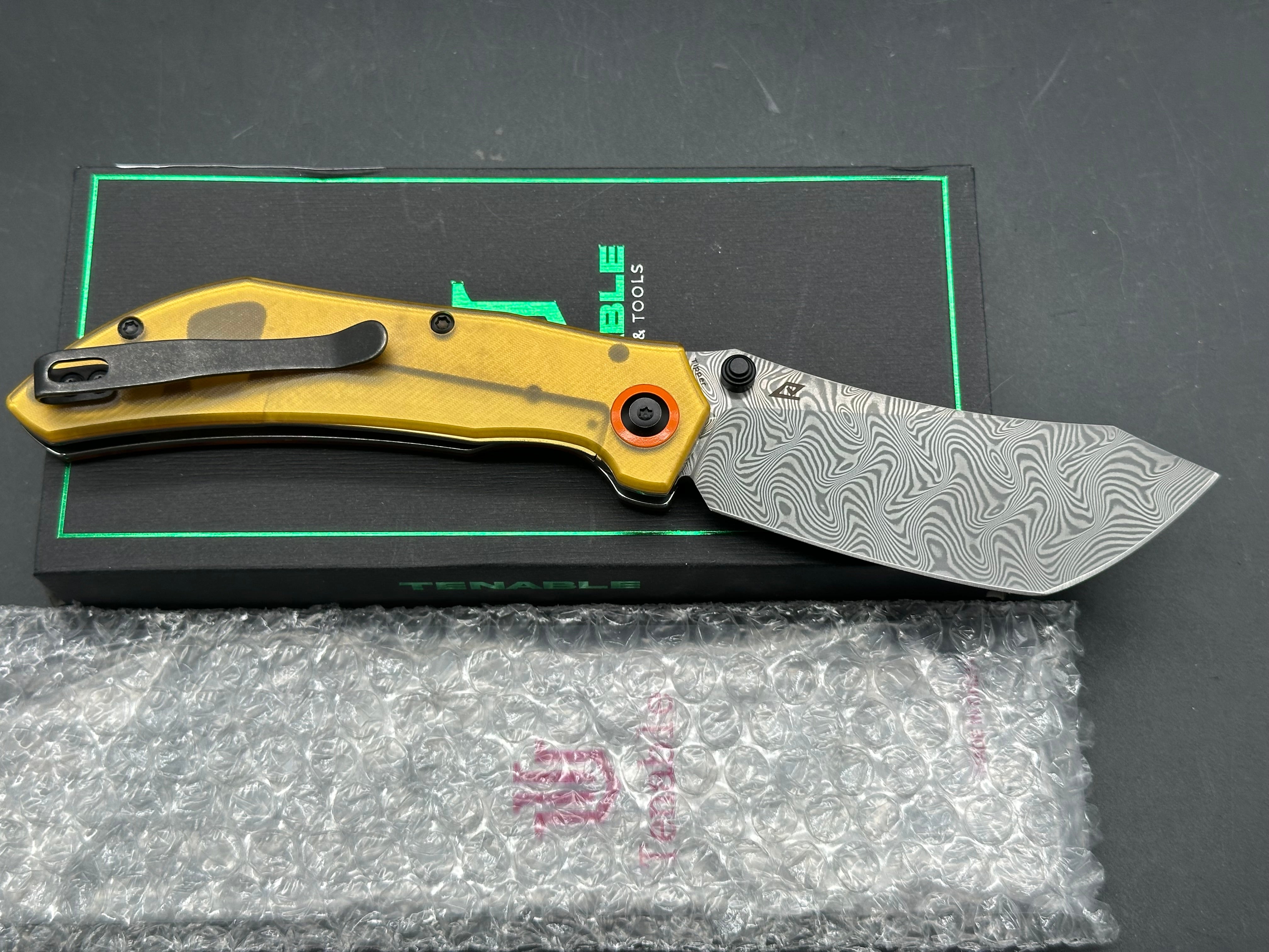Tenable Tipper Folding Knife | 3.39'' Water Ripple Damascus Blade | Amber PEI Handle | Edgy Bladeworks Design