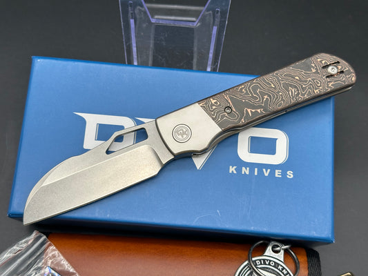 Divo Knives Stout Copper/CF scales titanium frame w/20CV blade & timascus back spacer