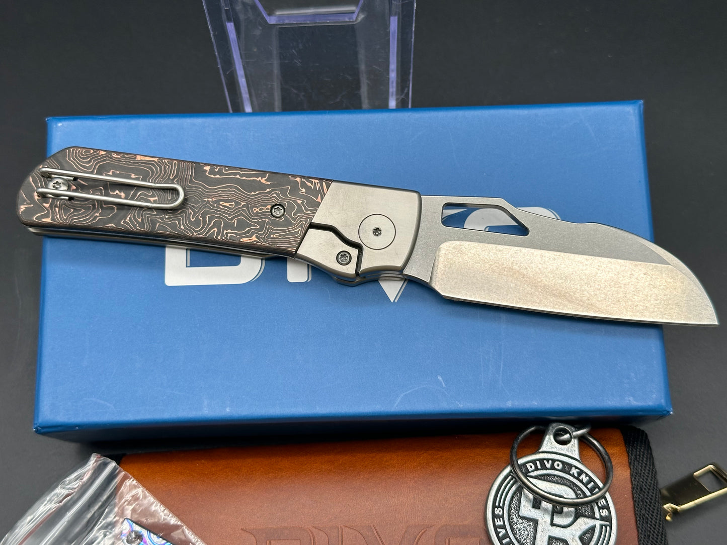 Divo Knives Stout Copper/CF scales titanium frame w/20CV blade & timascus back spacer
