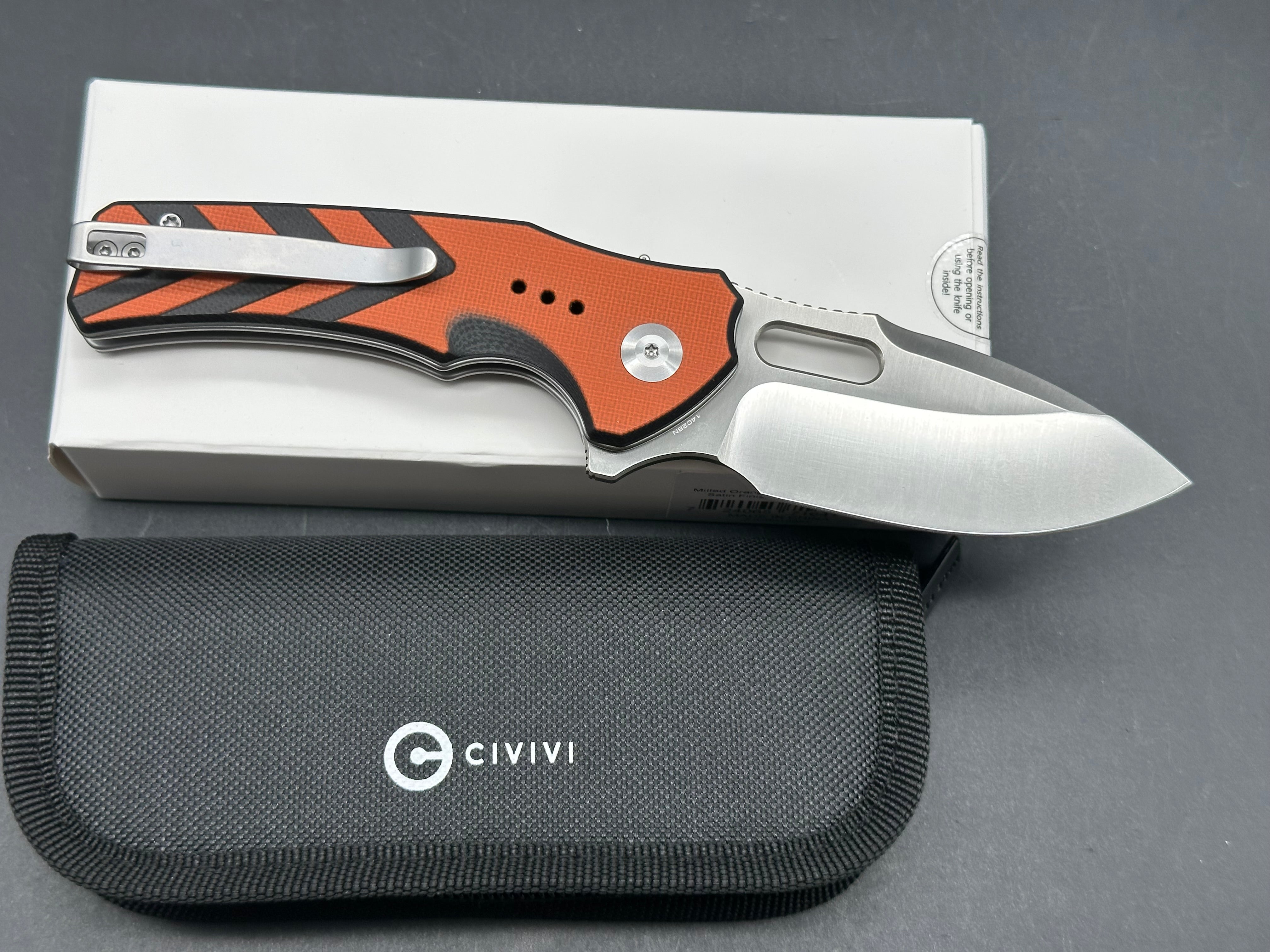 CIVIVI VEXRON FOLDING KNIFE MILLED ORANGE/BLACK G10 HANDLE 14C28N PLAIN EDGE SATIN FINISH