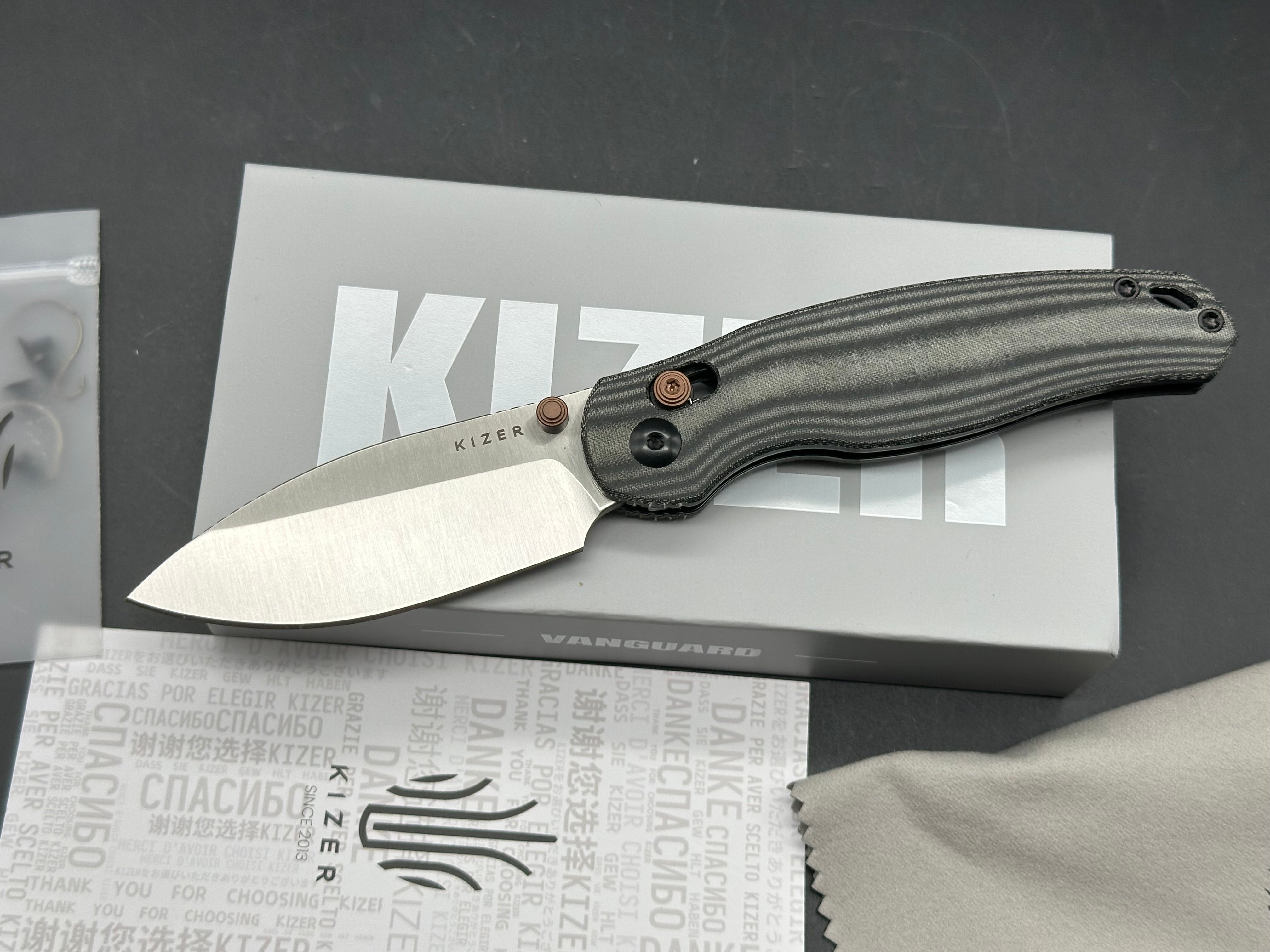 KIZER PHOCA CD FOLDING KNIFE BLACK NORPLEX ULTREX MICARTA HANDLE 14C28N DROP POINT PLAIN EDGE SATIN FINISH