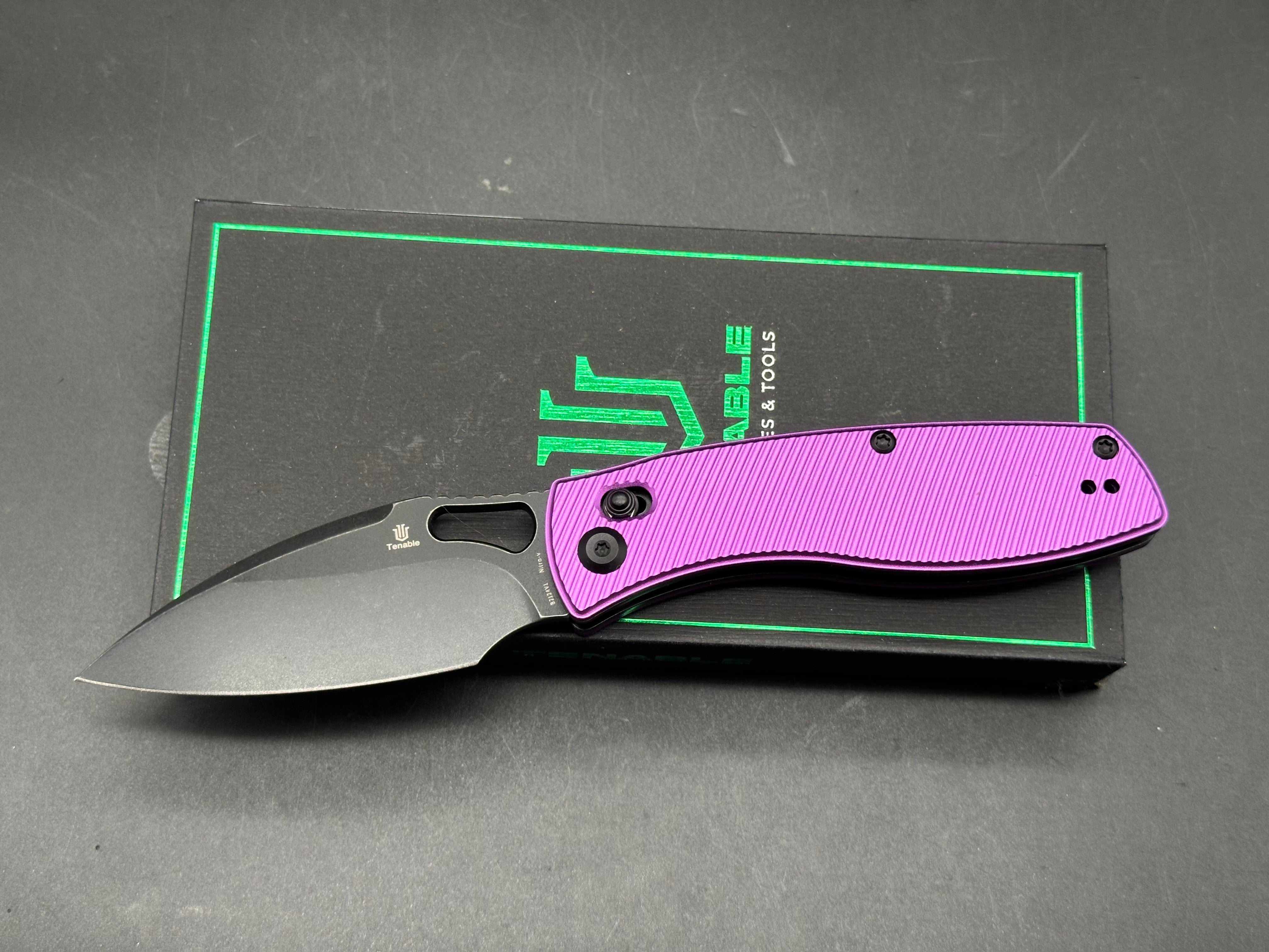 TENABLE HERON FOLDING KNIFE PURPLE ALUMINUM HANDLE NITRO-V PLAIN EDGE BLACKWASH FINISH