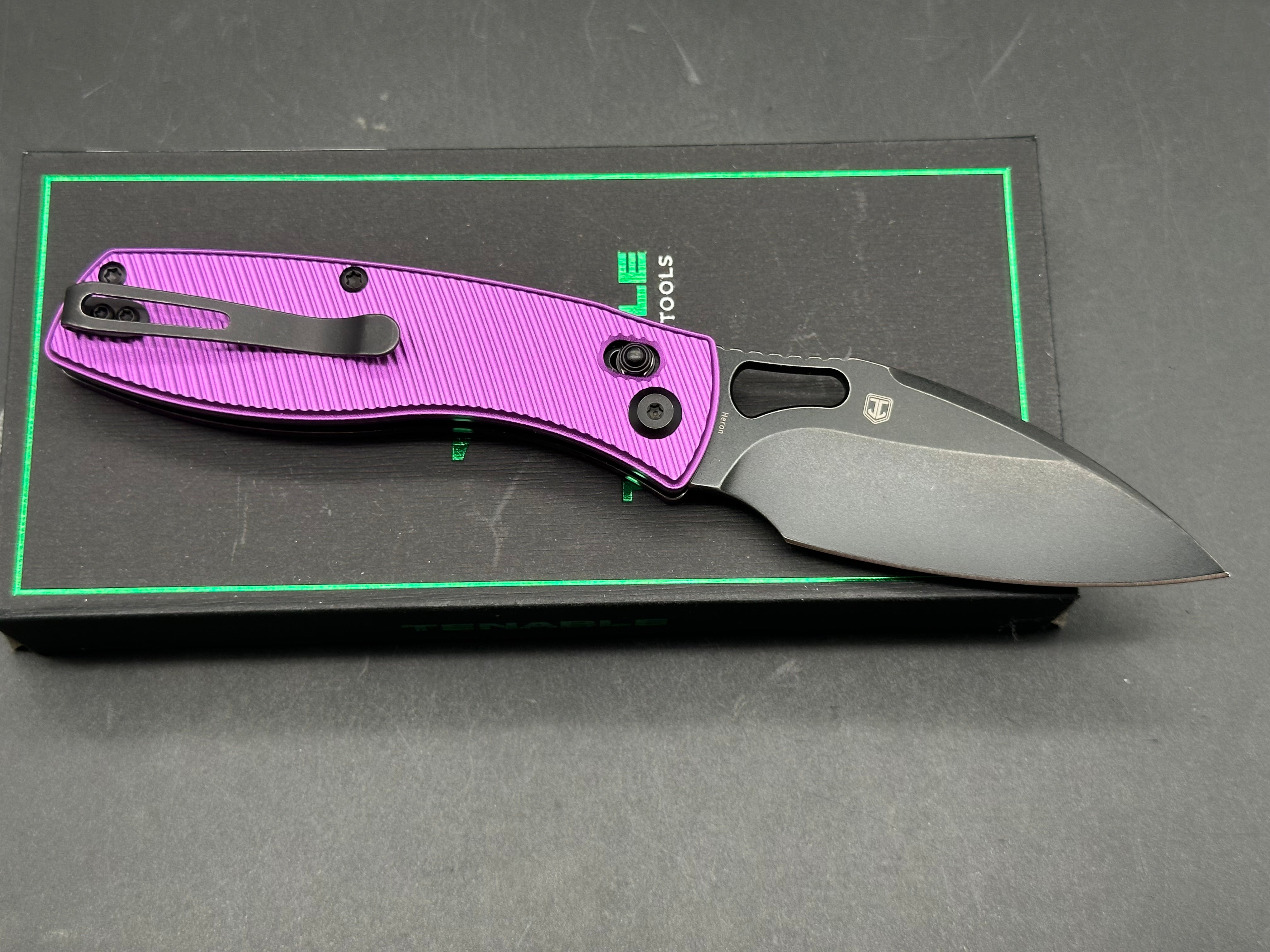 TENABLE HERON FOLDING KNIFE PURPLE ALUMINUM HANDLE NITRO-V PLAIN EDGE BLACKWASH FINISH
