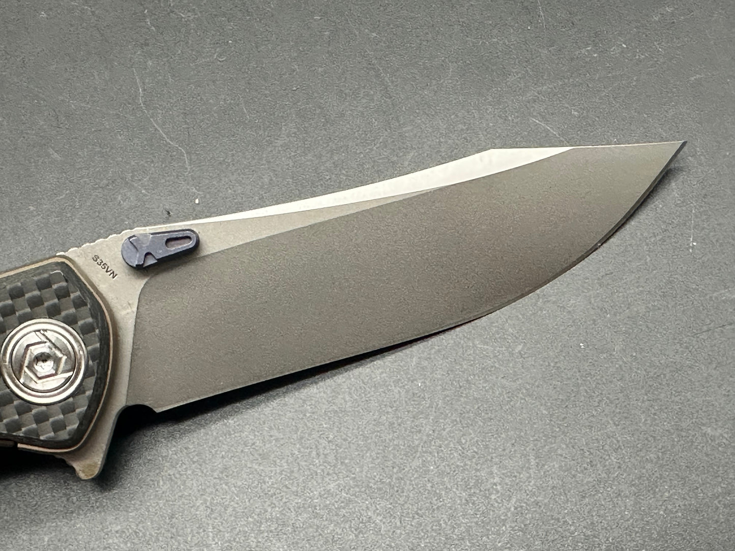 CH Knives CH3516 Bronze TI Frame, CF scales. Blue thumb studs, back spacer and clip