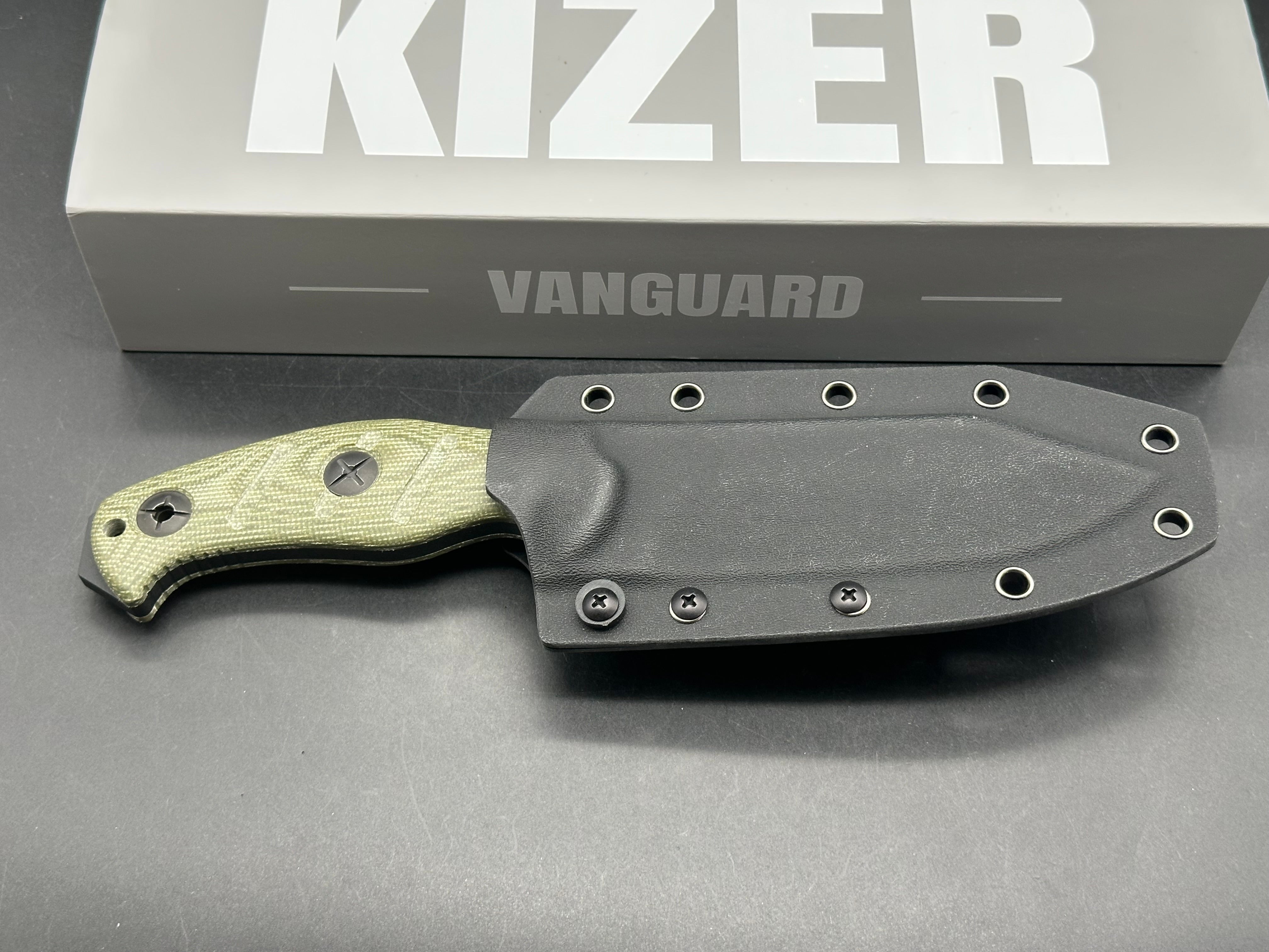 KIZER SHEEPDOG SURVIVAL FIXED BLADE KNIFE GREEN MICARTA HANDLE 1095 CLIP POINT PLAIN BLACK BLADE