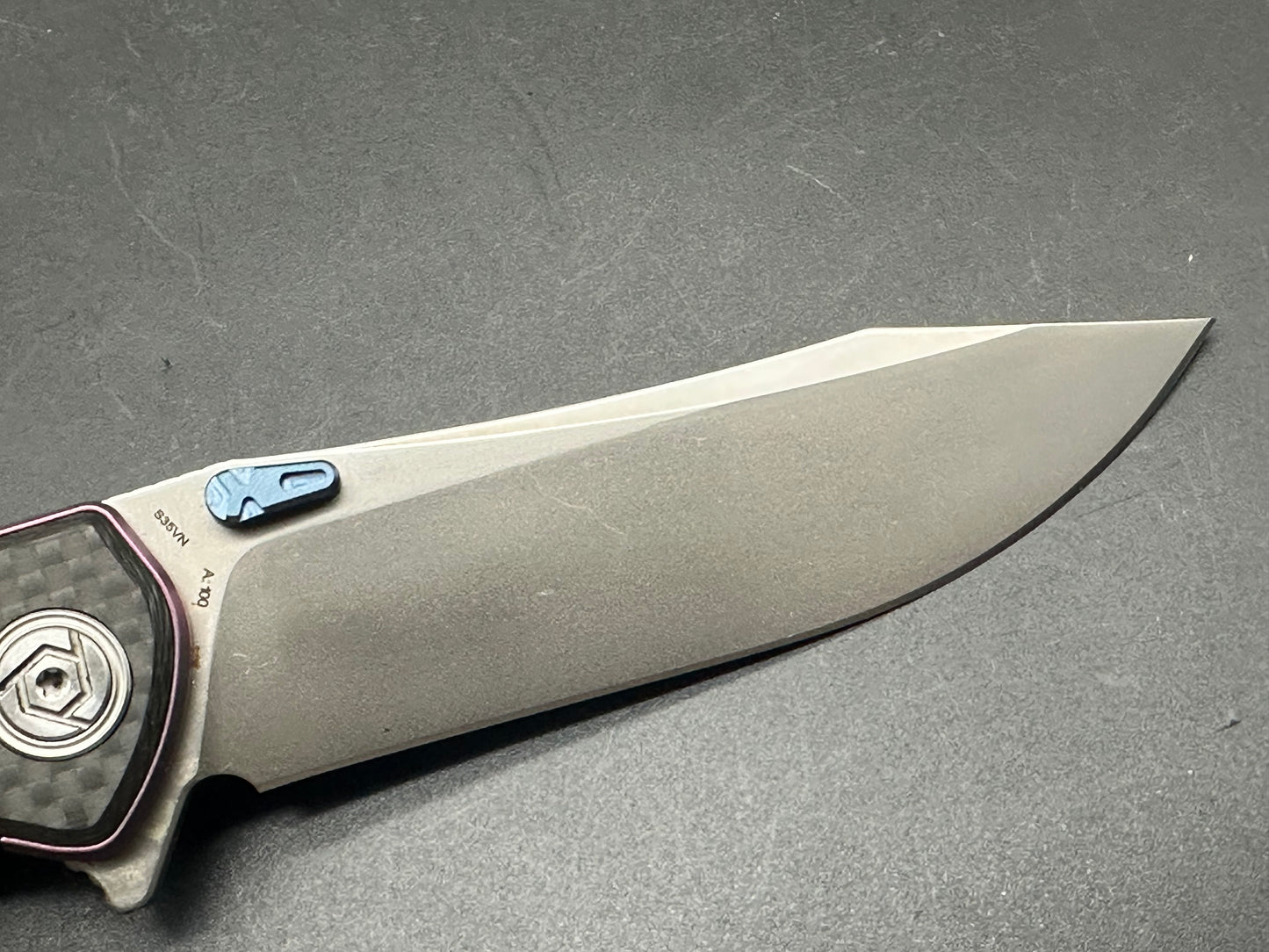 CH Knives "CH3516-1". S35vn, Purple TI Frame with CF Scales