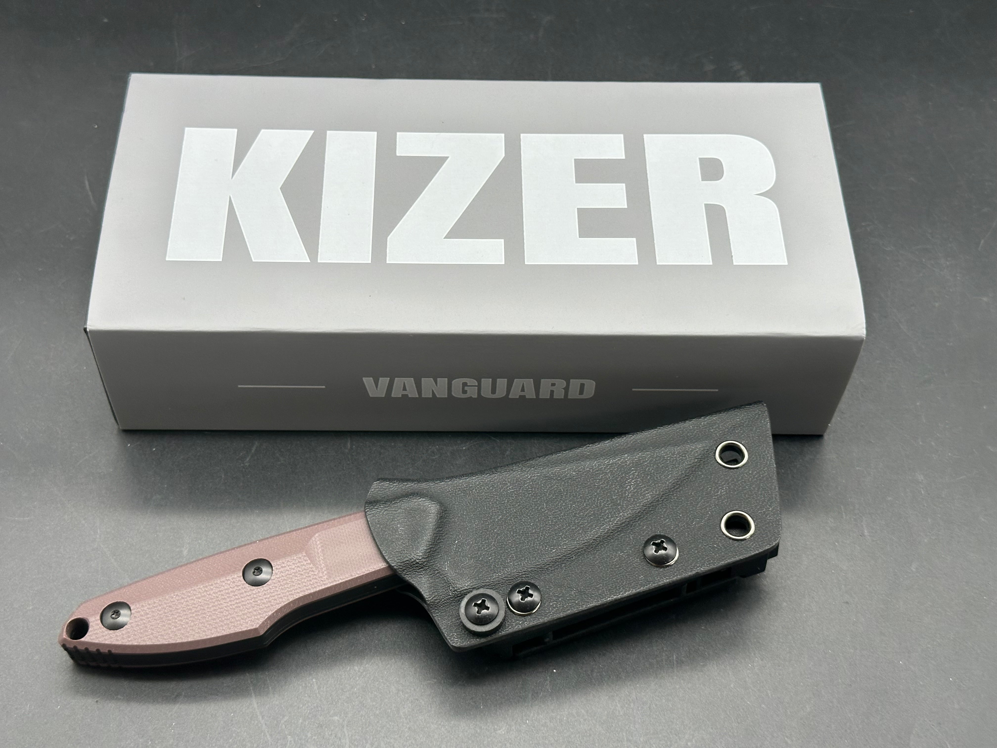 KIZER SPLINTER FIXED BLADE KNIFE BROWN G10 HANDLE AEB-L DROP POINT PLAIN EDGE BLACK STONEWASH FINISH