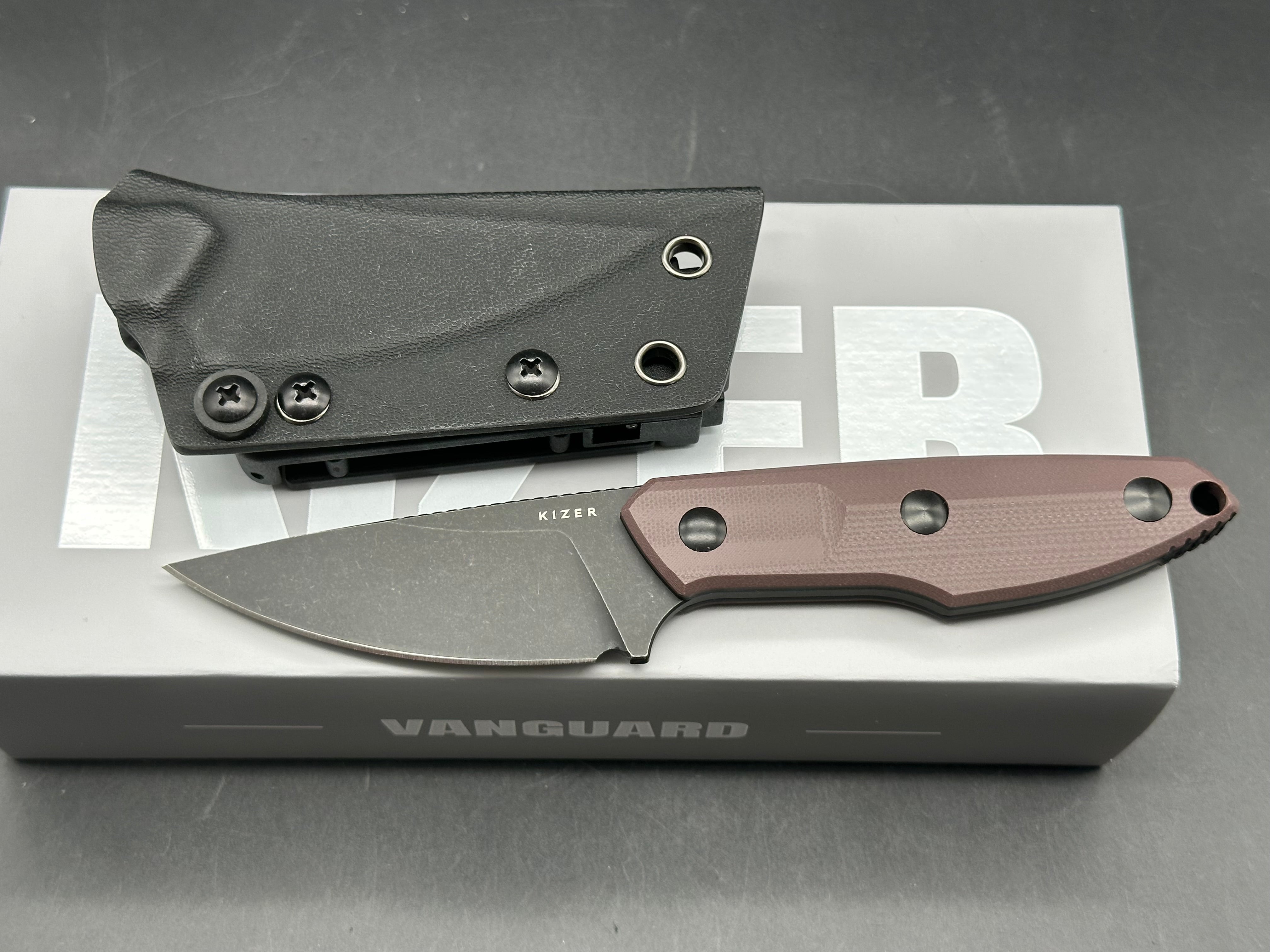 KIZER SPLINTER FIXED BLADE KNIFE BROWN G10 HANDLE AEB-L DROP POINT PLAIN EDGE BLACK STONEWASH FINISH