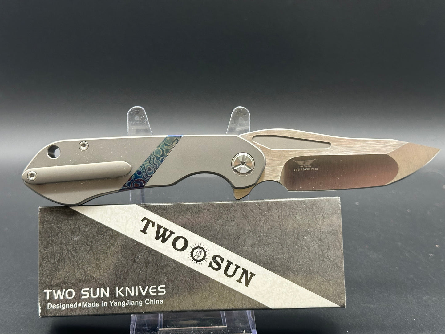 TWOSUN  TITANIUM/TIMASCUS HANDLE M390 PLAIN EDGE TS172-M390-TIMASCUS