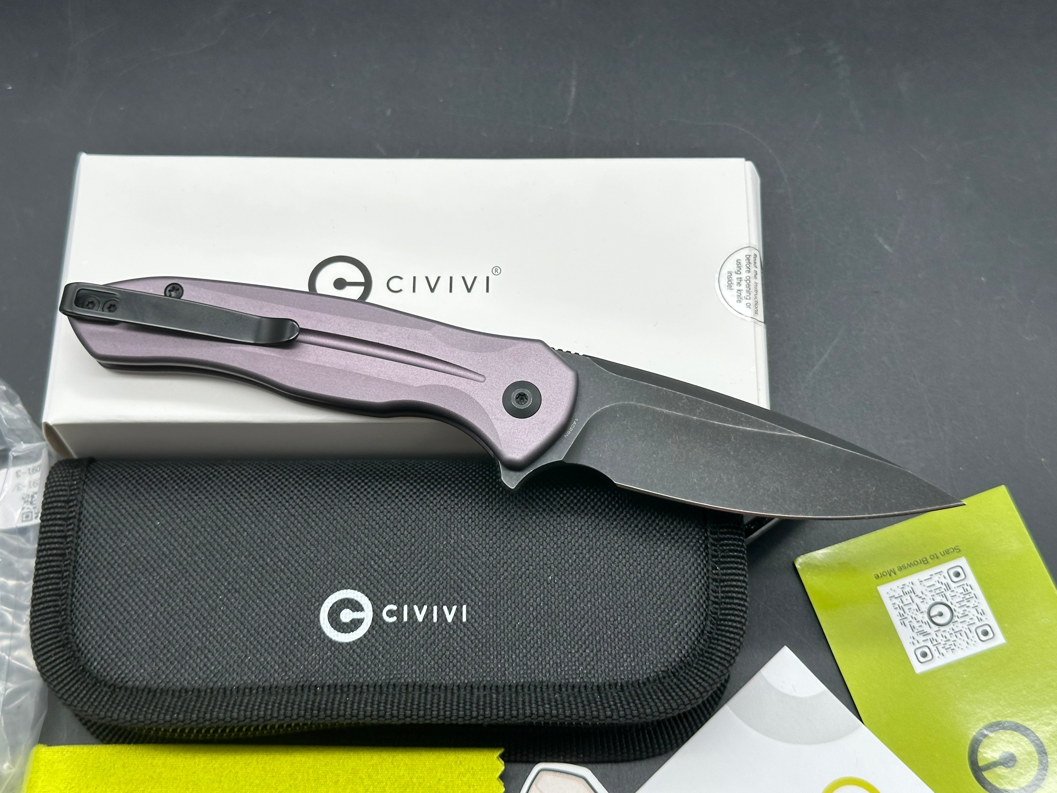 CIVIVI BUTTON LOCK KITEFIN FOLDING KNIFE PURPLE ALUMINUM HANDLE 14C28N BLADE