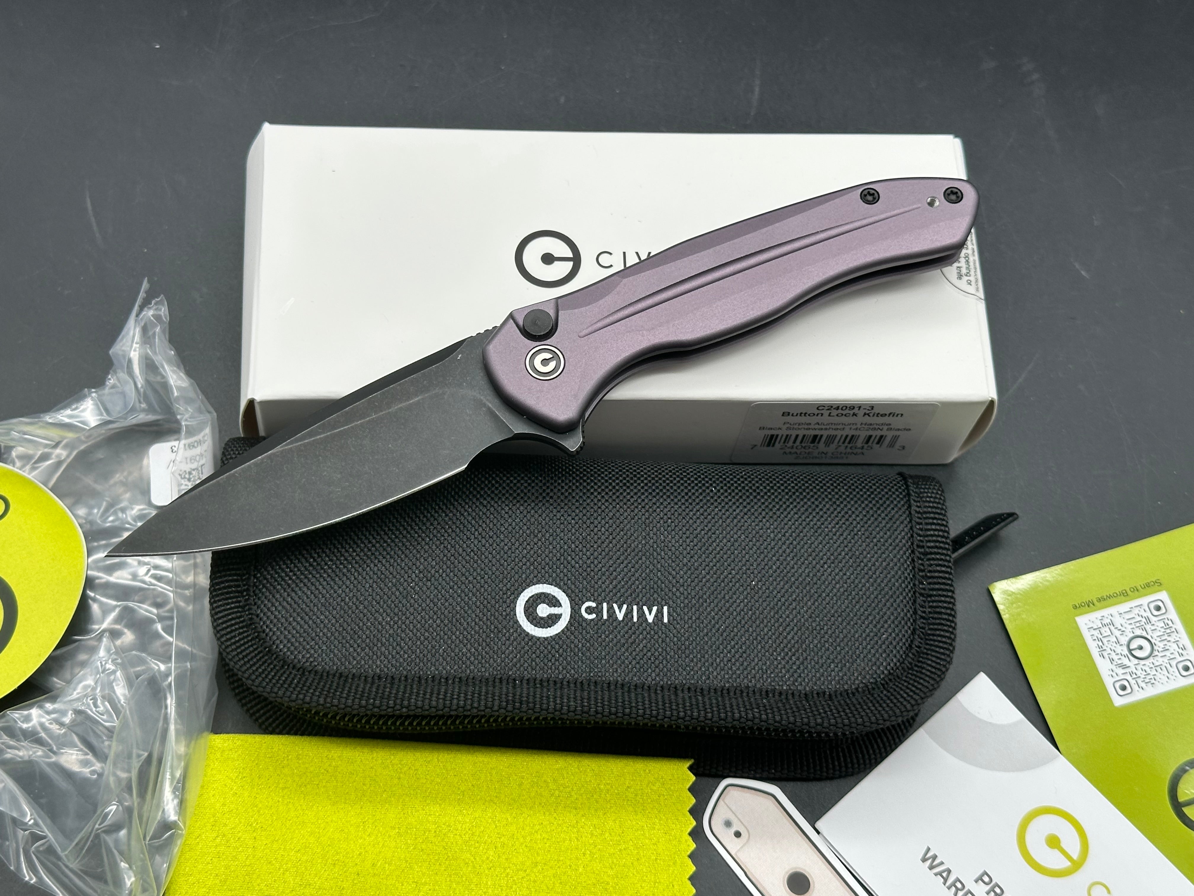 CIVIVI BUTTON LOCK KITEFIN FOLDING KNIFE PURPLE ALUMINUM HANDLE 14C28N BLADE