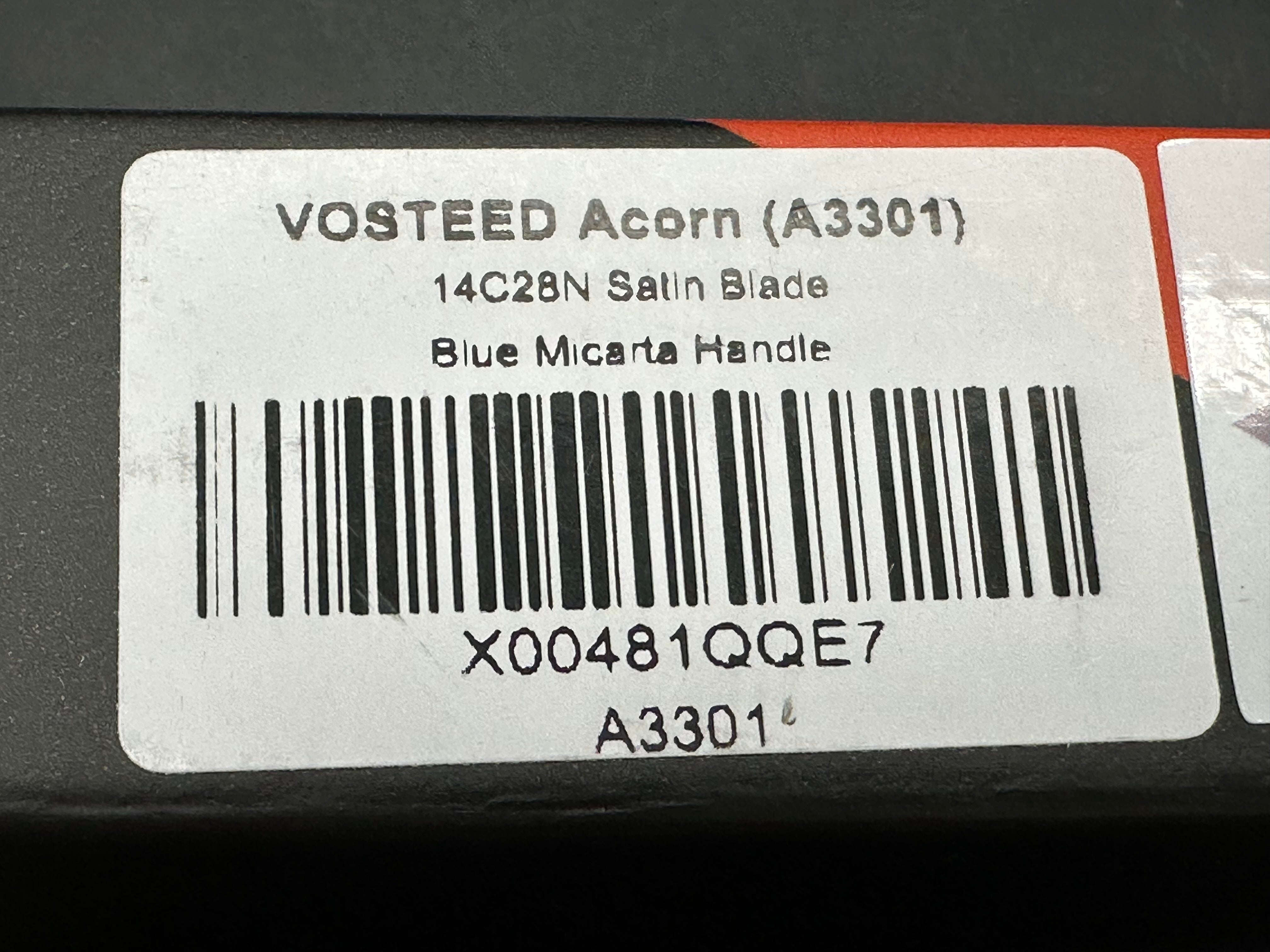 Vosteed Acorn 2.99" 14C28N Satin Blade with Blue Canvas Micarta Scales.