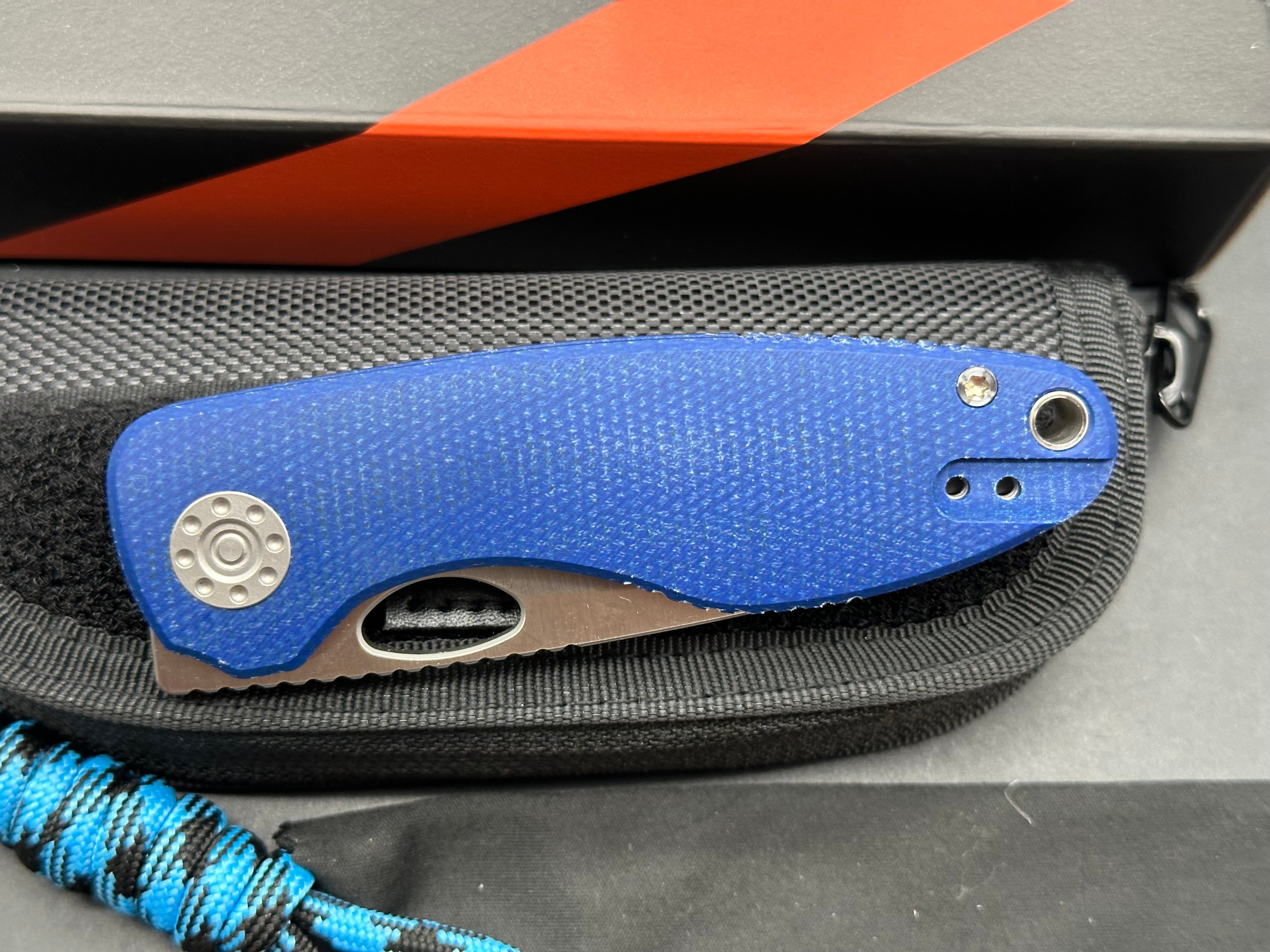 Vosteed Acorn 2.99" 14C28N Satin Blade with Blue Canvas Micarta Scales.