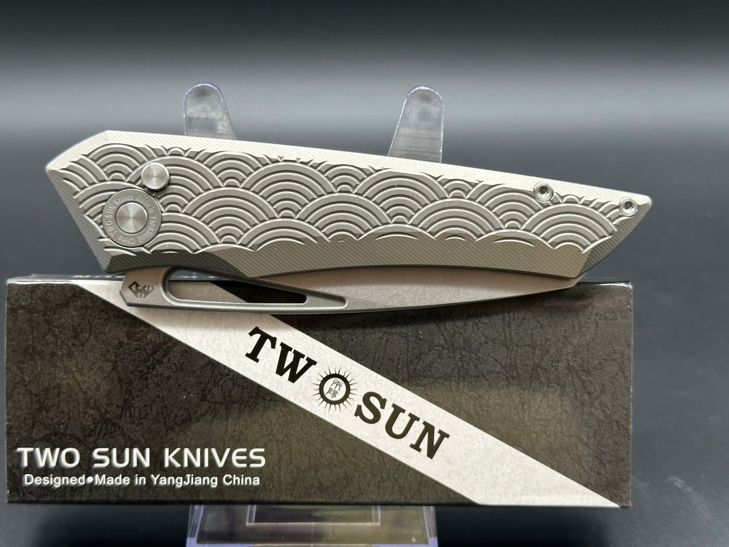 TWOSUN BUTTON LOCK FOLDING KNIFE GRAY TITANIUM HANDLE D2 PLAIN EDGE TS193