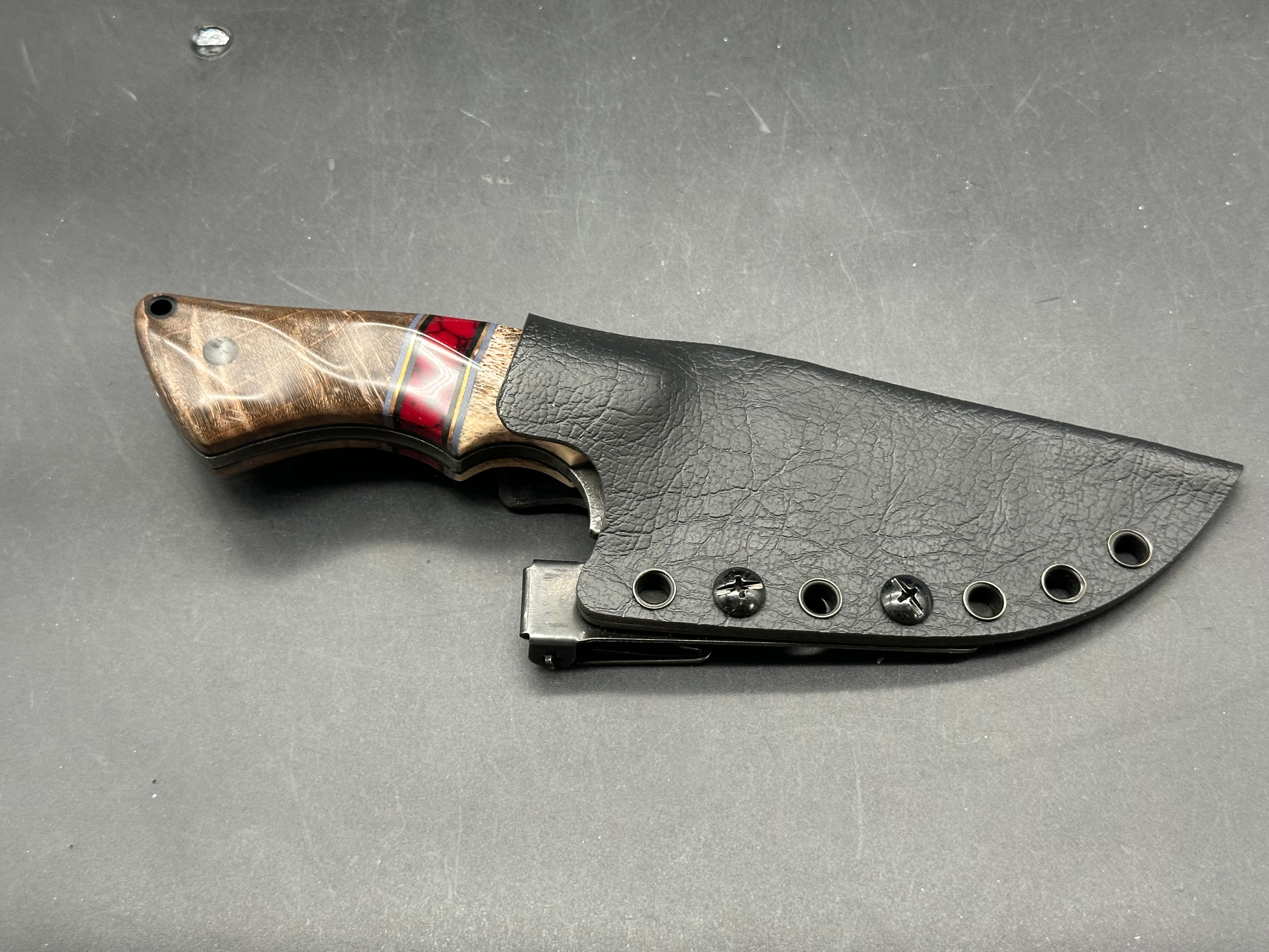 Waters Edge custom/ 7.25 inches overall length/1095 steel/handle is buffalo bone, blood jasper, and stabilized curly maple