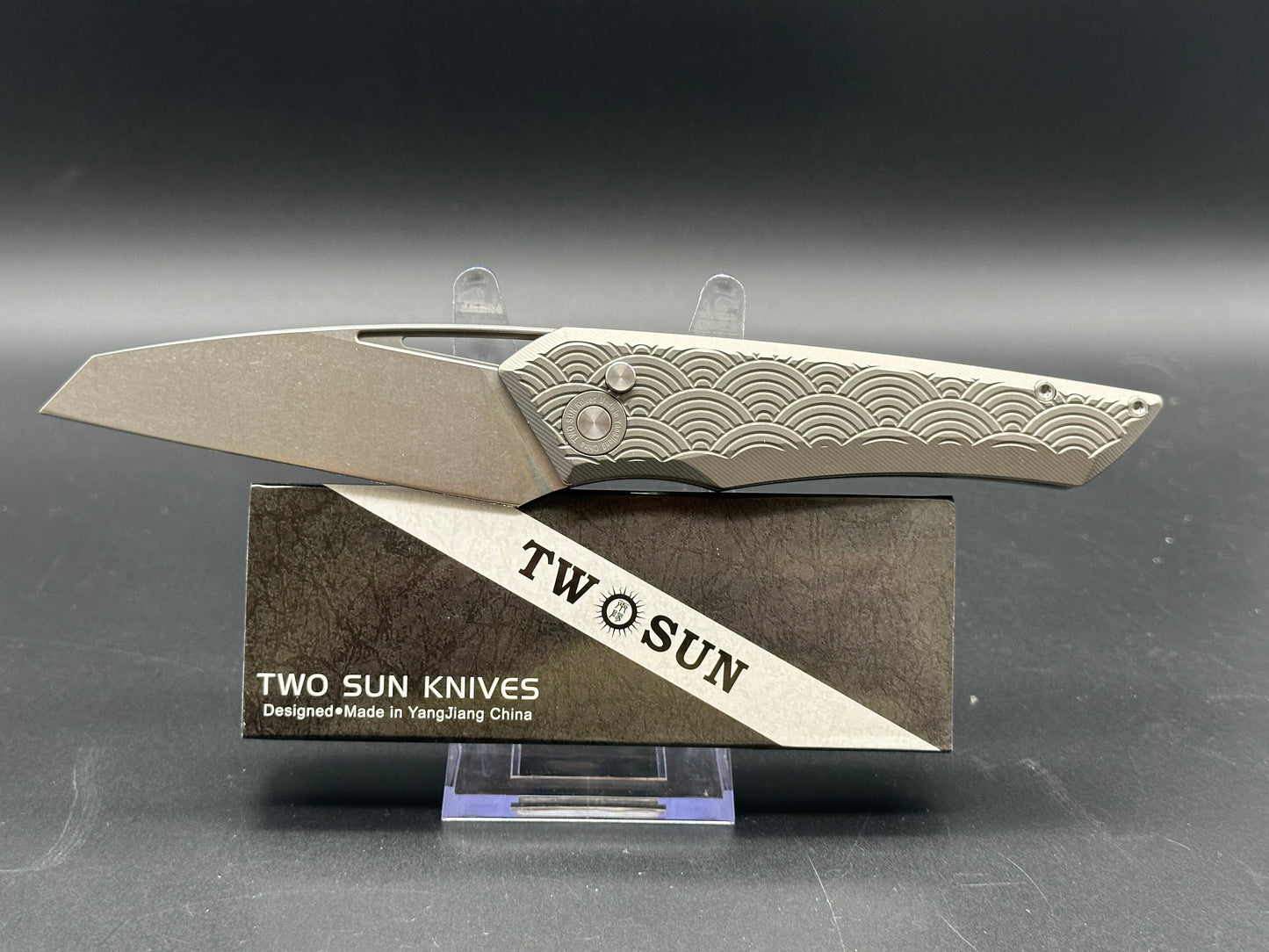 TWOSUN BUTTON LOCK FOLDING KNIFE GRAY TITANIUM HANDLE D2 PLAIN EDGE TS193