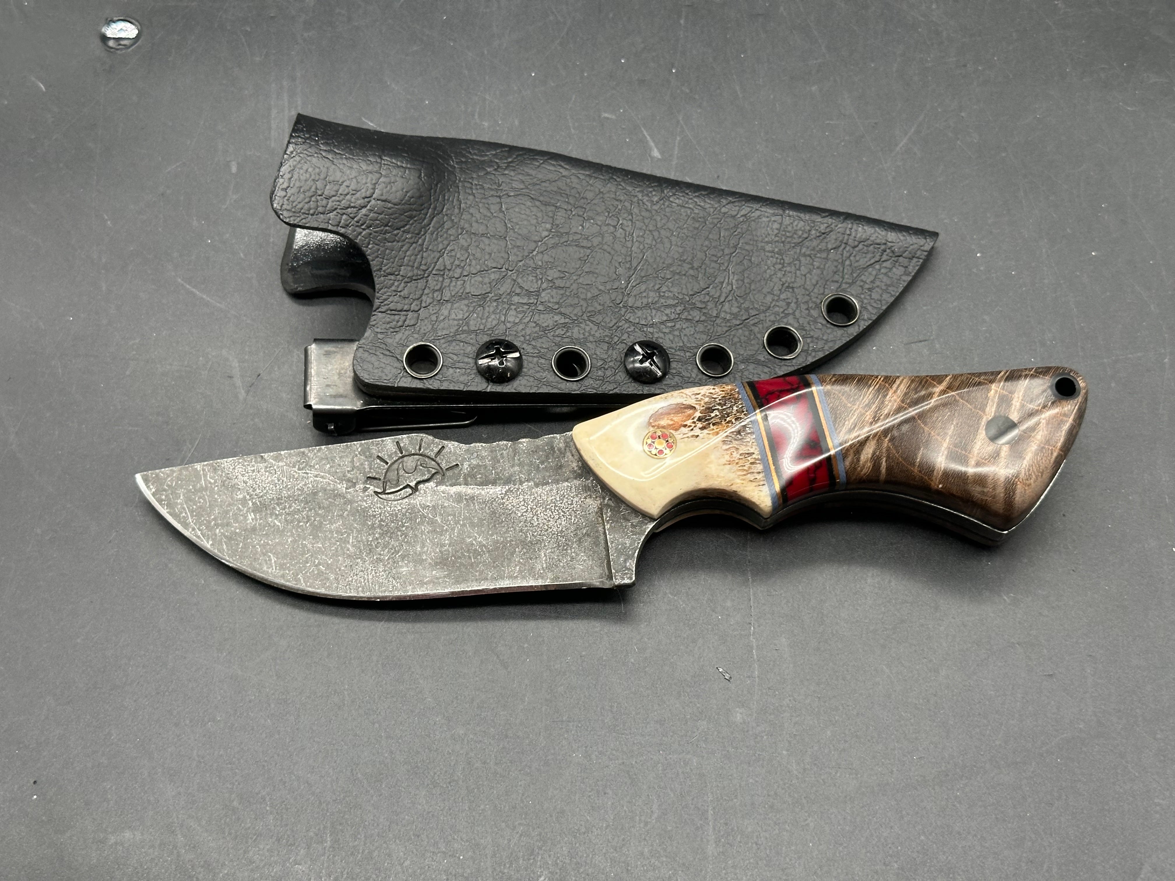Waters Edge custom/ 7.25 inches overall length/1095 steel/handle is buffalo bone, blood jasper, and stabilized curly maple