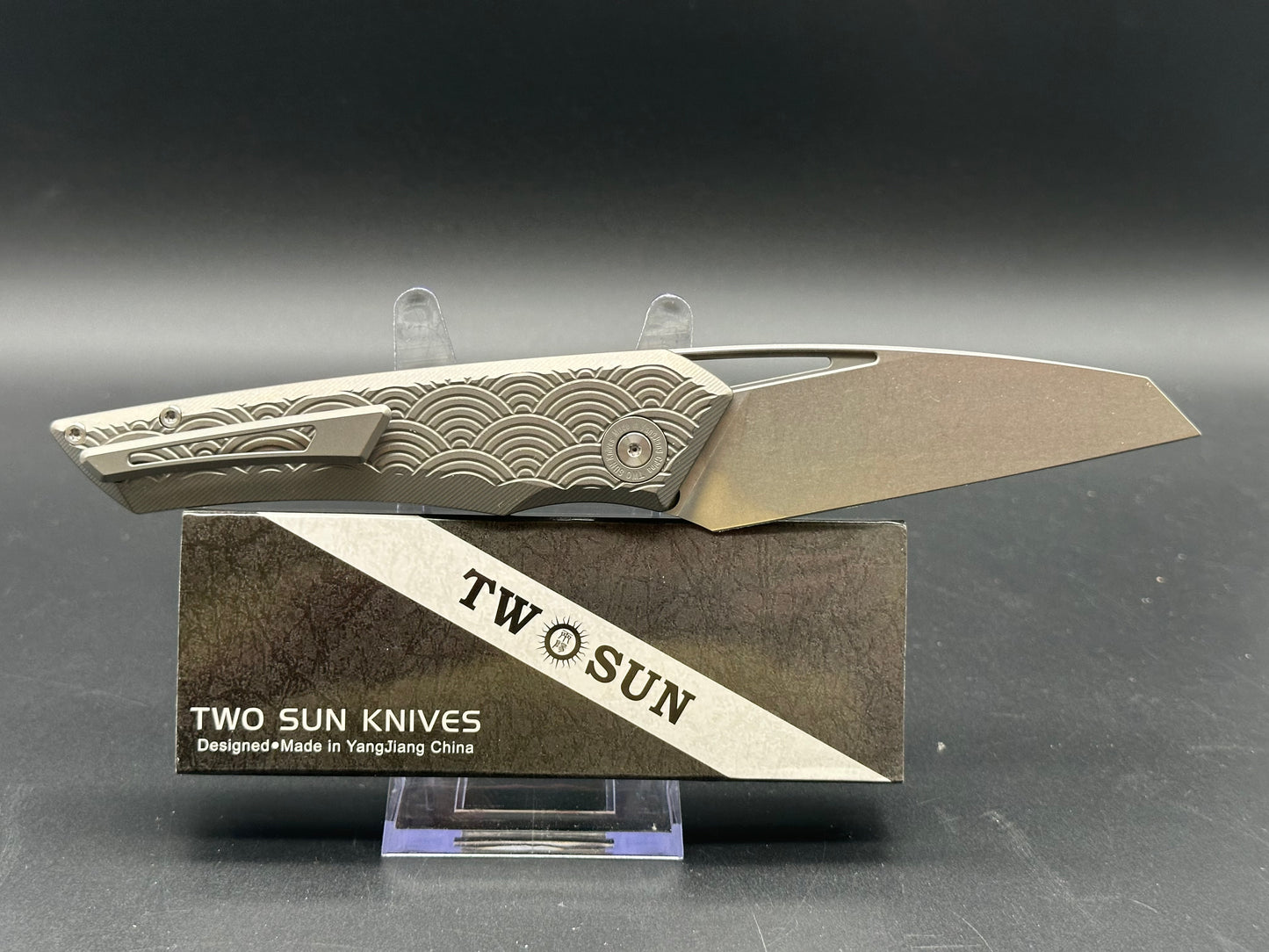 TWOSUN BUTTON LOCK FOLDING KNIFE GRAY TITANIUM HANDLE D2 PLAIN EDGE TS193