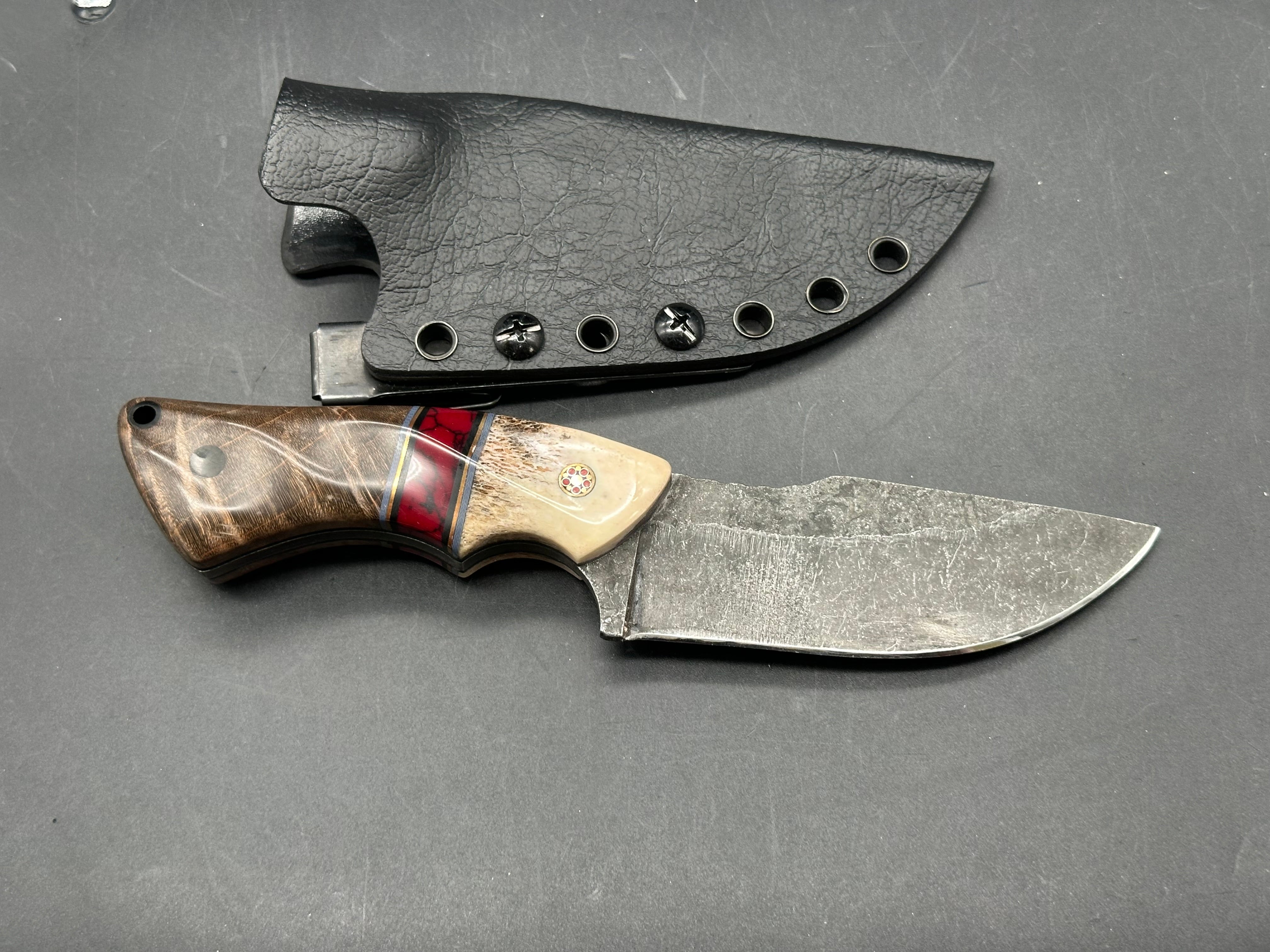 Waters Edge custom/ 7.25 inches overall length/1095 steel/handle is buffalo bone, blood jasper, and stabilized curly maple