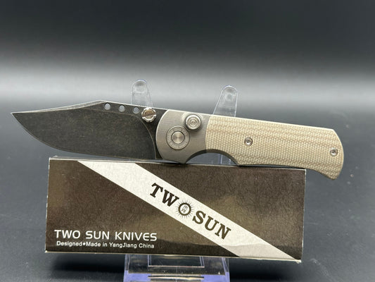 TWOSUN TS338 BUTTON LOCK POCKET KNIFE TAN MICARTA TITANIUM HANDLE D2 PLAIN EDGE