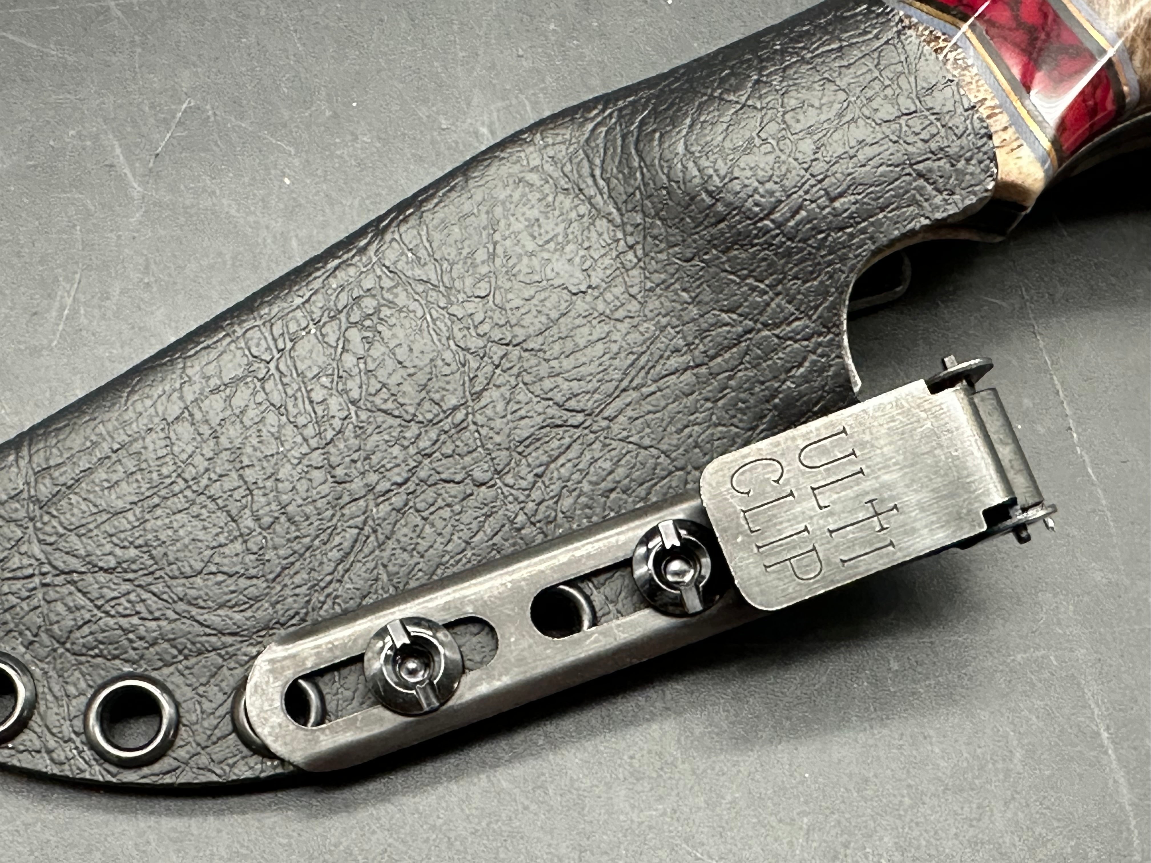 Waters Edge custom/ 7.25 inches overall length/1095 steel/handle is buffalo bone, blood jasper, and stabilized curly maple