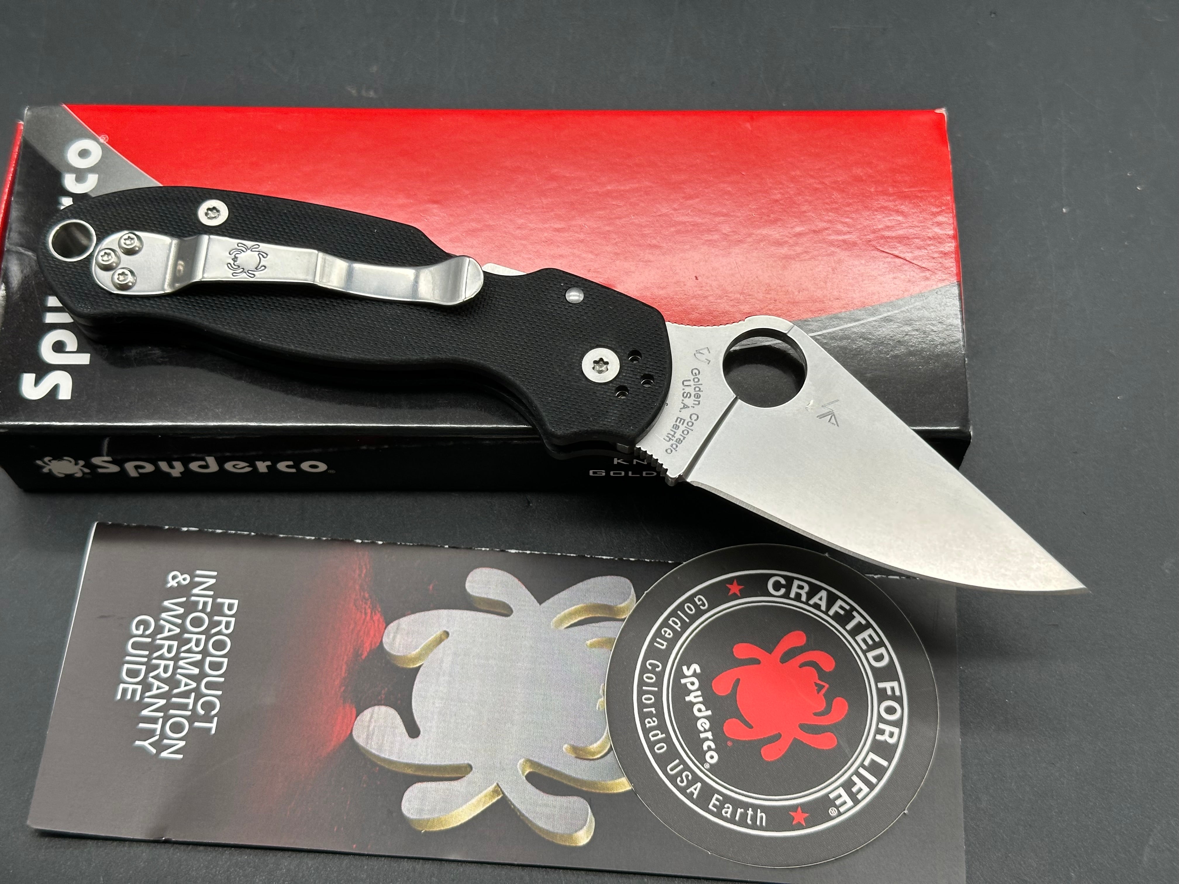 Spyderco Para 3, 2.93" CPM S45VN Stonewash Blade with Black G10 Scales.