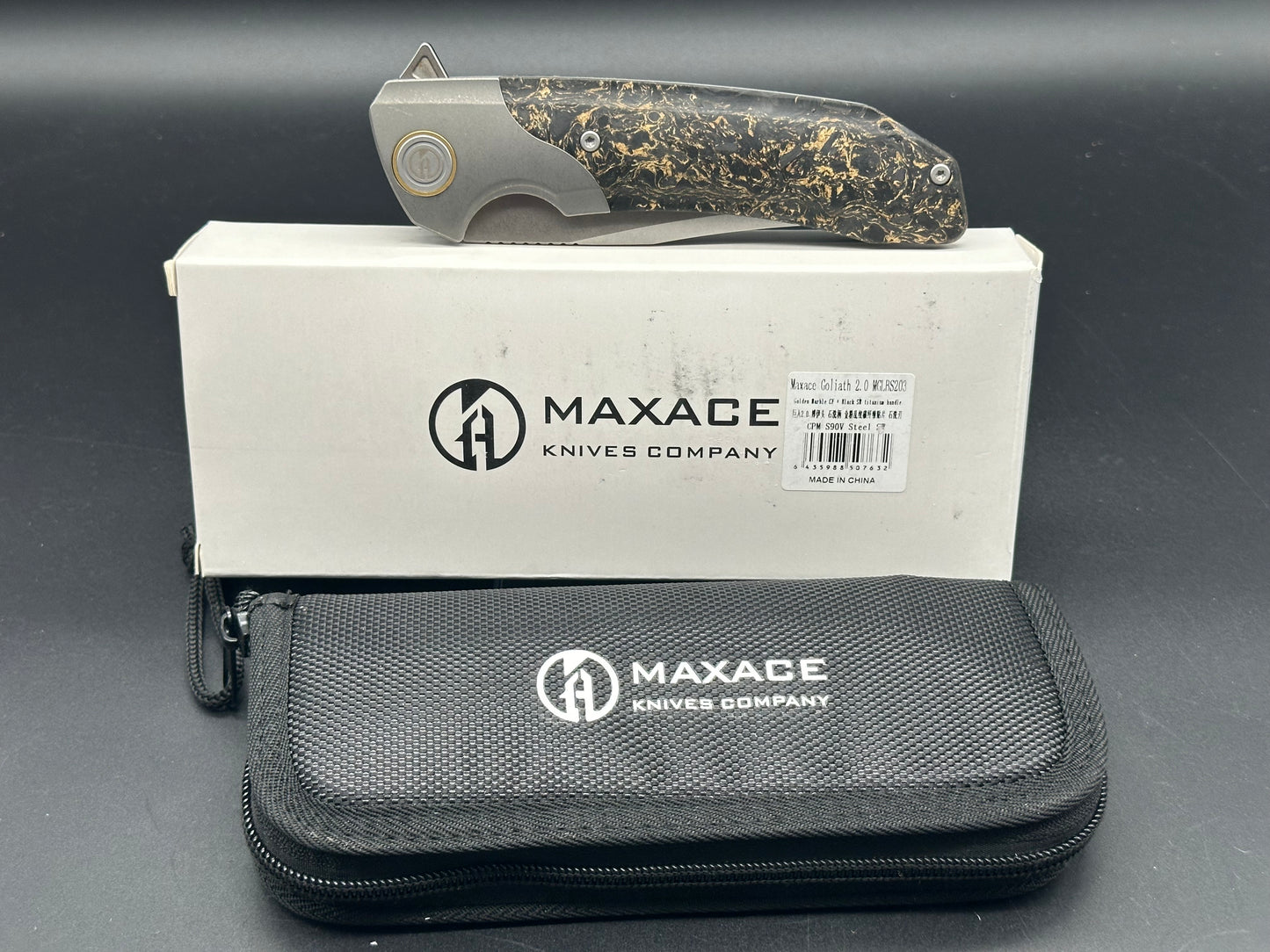 Maxace Goliath 2.0 CPM S90V Bowie folding knife, gold shred carbon fiber