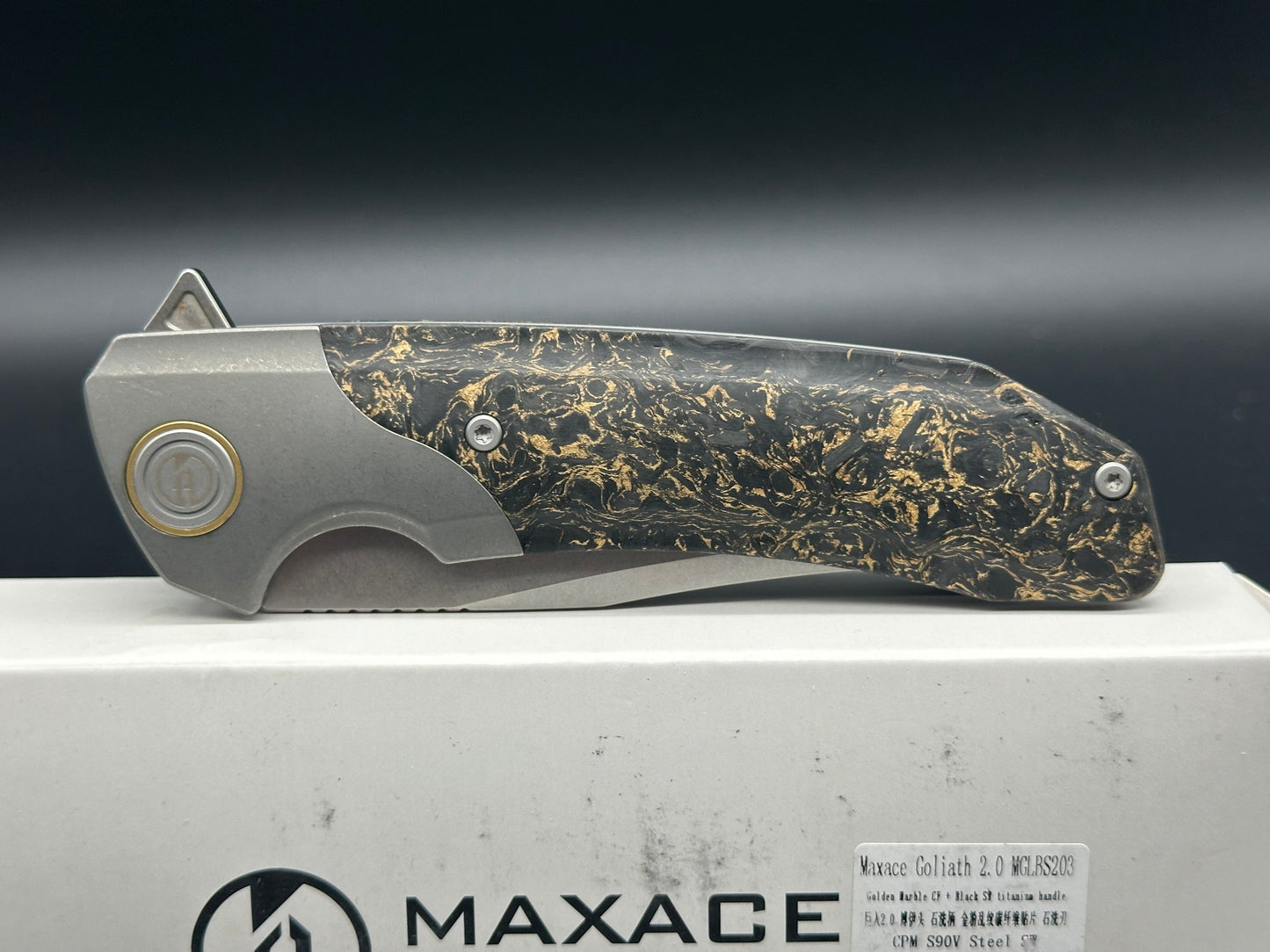 Maxace Goliath 2.0 CPM S90V Bowie folding knife, gold shred carbon fiber