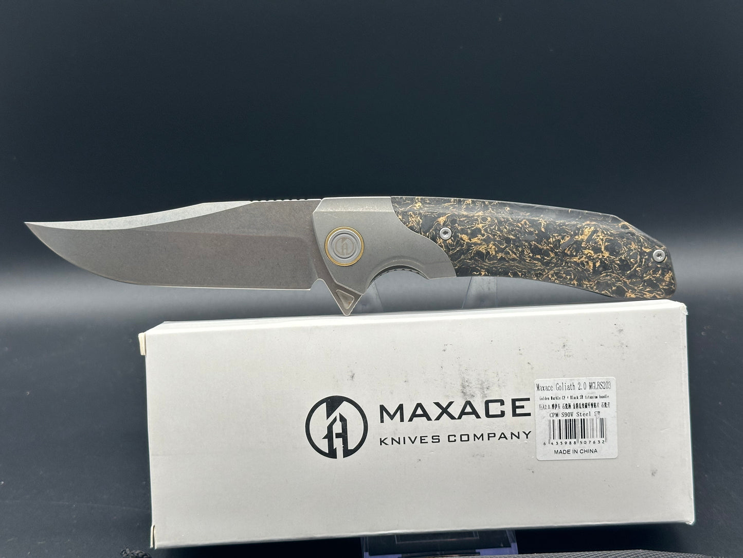 Maxace Goliath 2.0 CPM S90V Bowie folding knife, gold shred carbon fiber