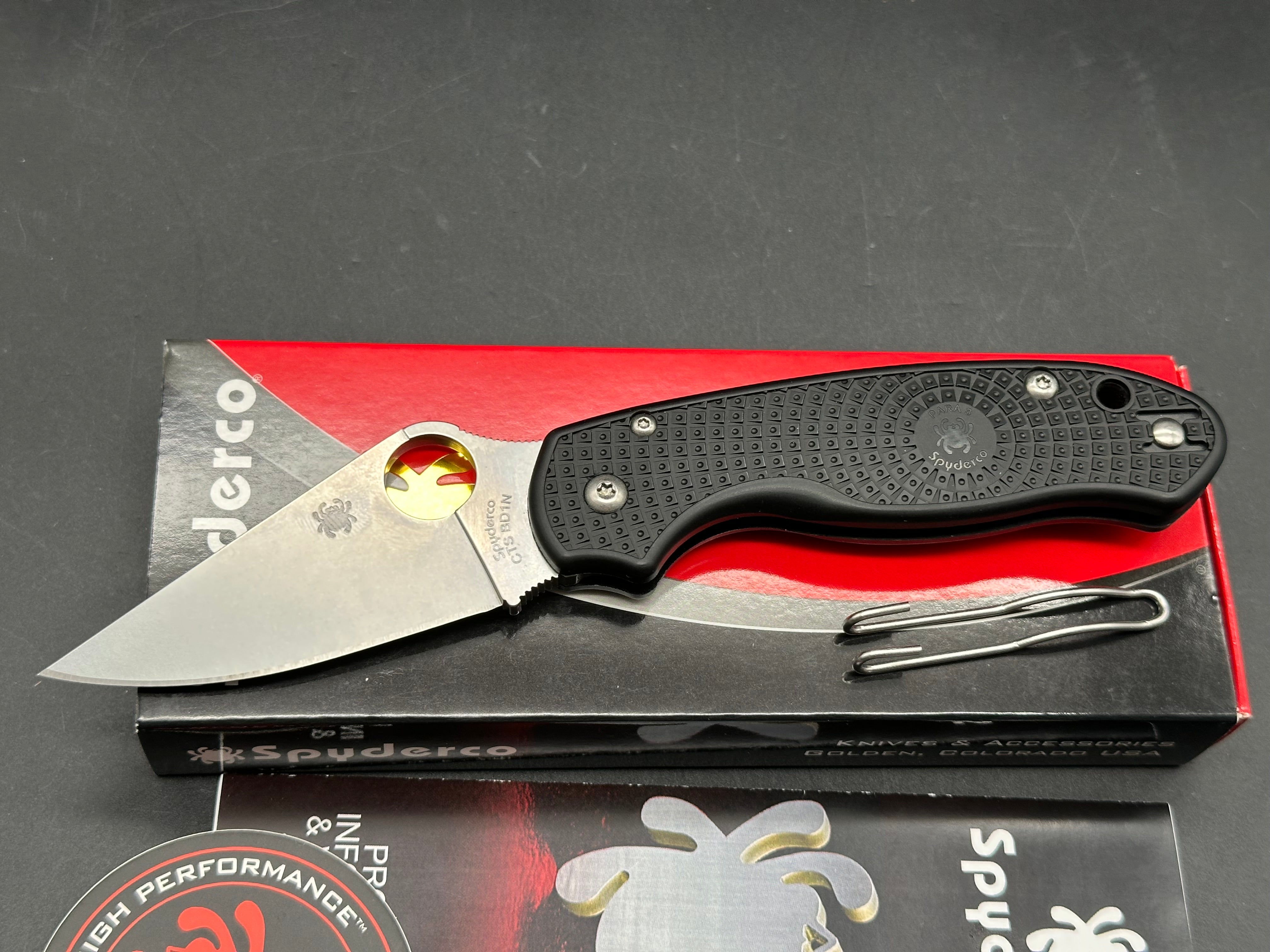 Spyderco Para 3 Lightweight, 2.93" BD1N Stonewash Blade with Black FRN Scales with Lynch NW Titanium Pocket Clip Installed