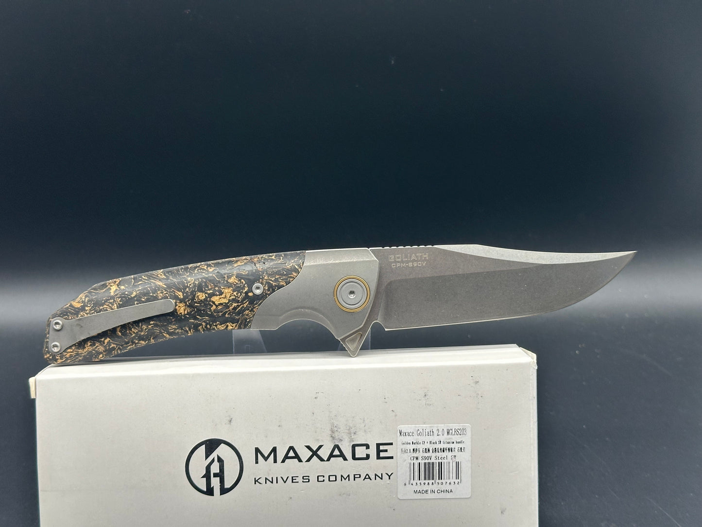 Maxace Goliath 2.0 CPM S90V Bowie folding knife, gold shred carbon fiber