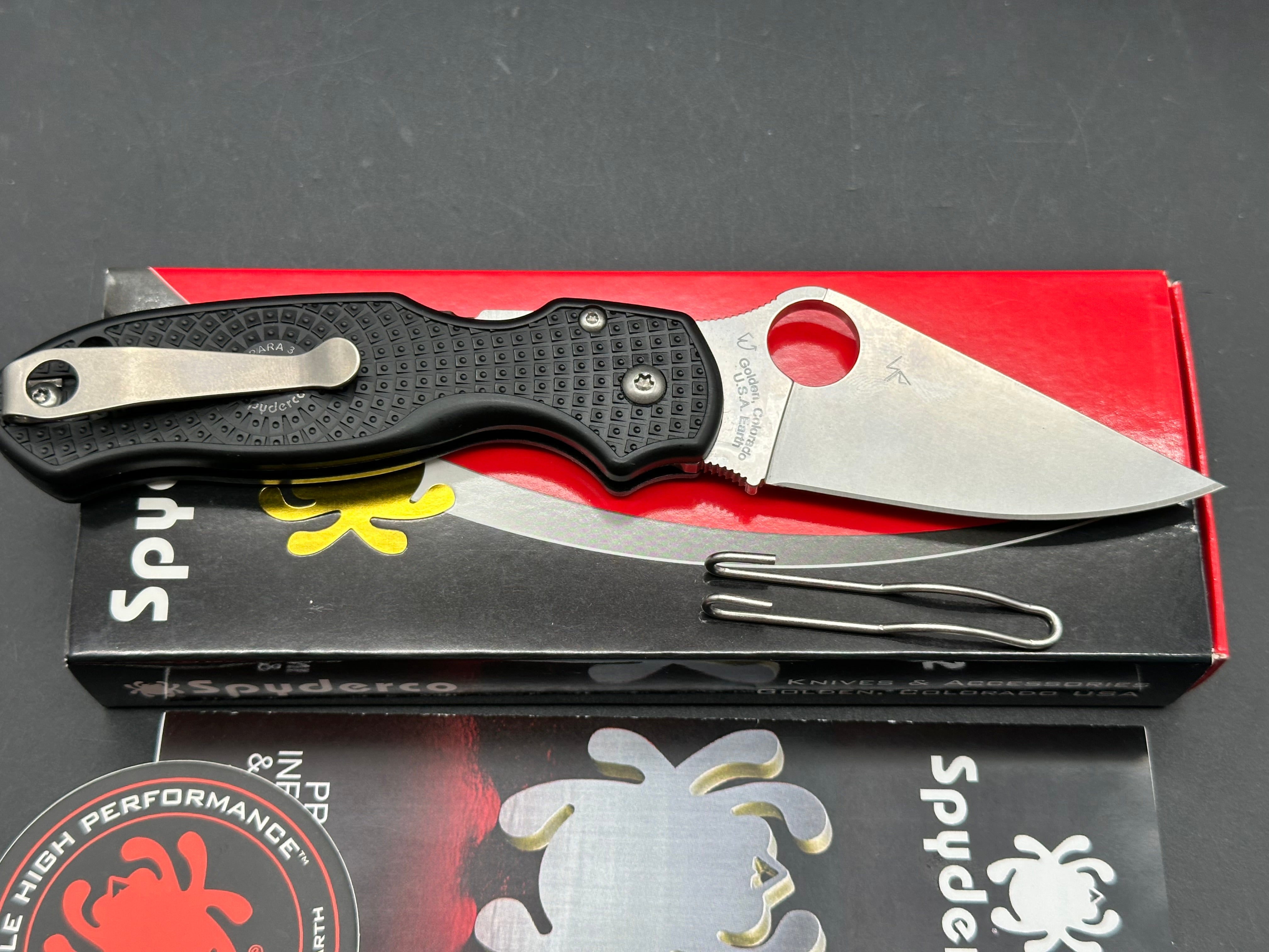 Spyderco Para 3 Lightweight, 2.93" BD1N Stonewash Blade with Black FRN Scales with Lynch NW Titanium Pocket Clip Installed