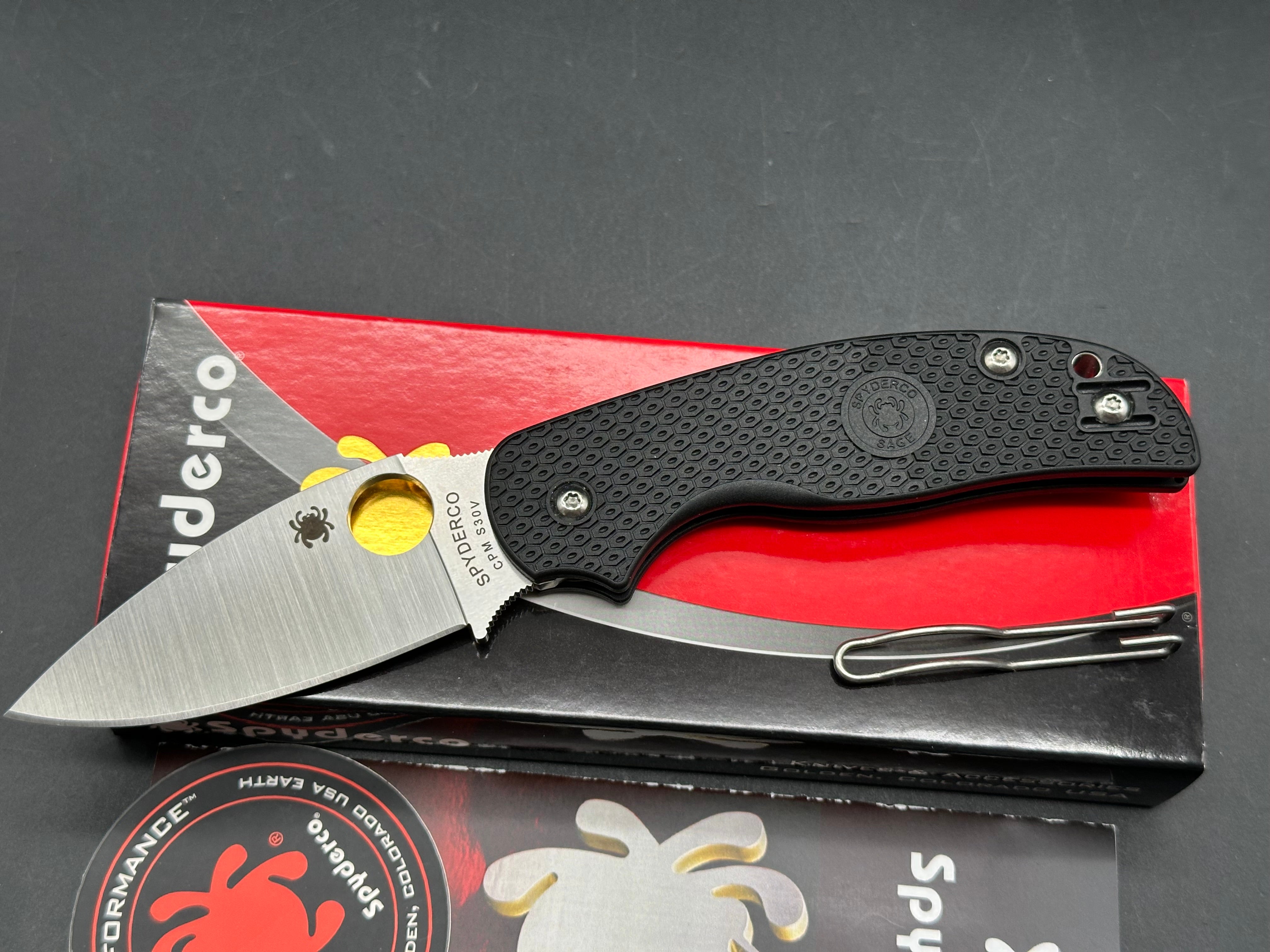 Spyderco Sage 5 Lightweight, 3" CPM S30V Satin Blade with Black FRN Scales with Lynch NW Titanium Pocket Clip Installed