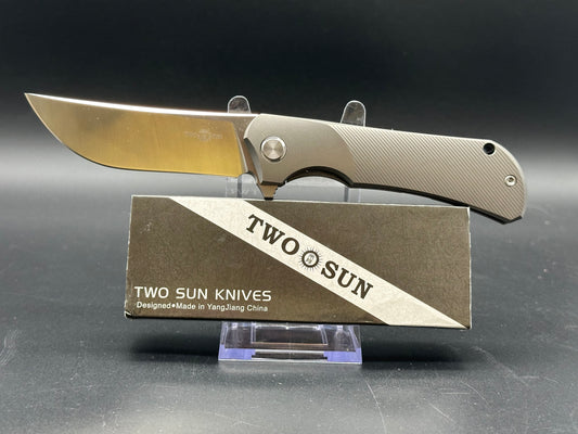 TWOSUN TS190 FOLDING KNIFE GRAY TITANIUM ALLOY HANDLE M390 COBRA PLAIN EDGE