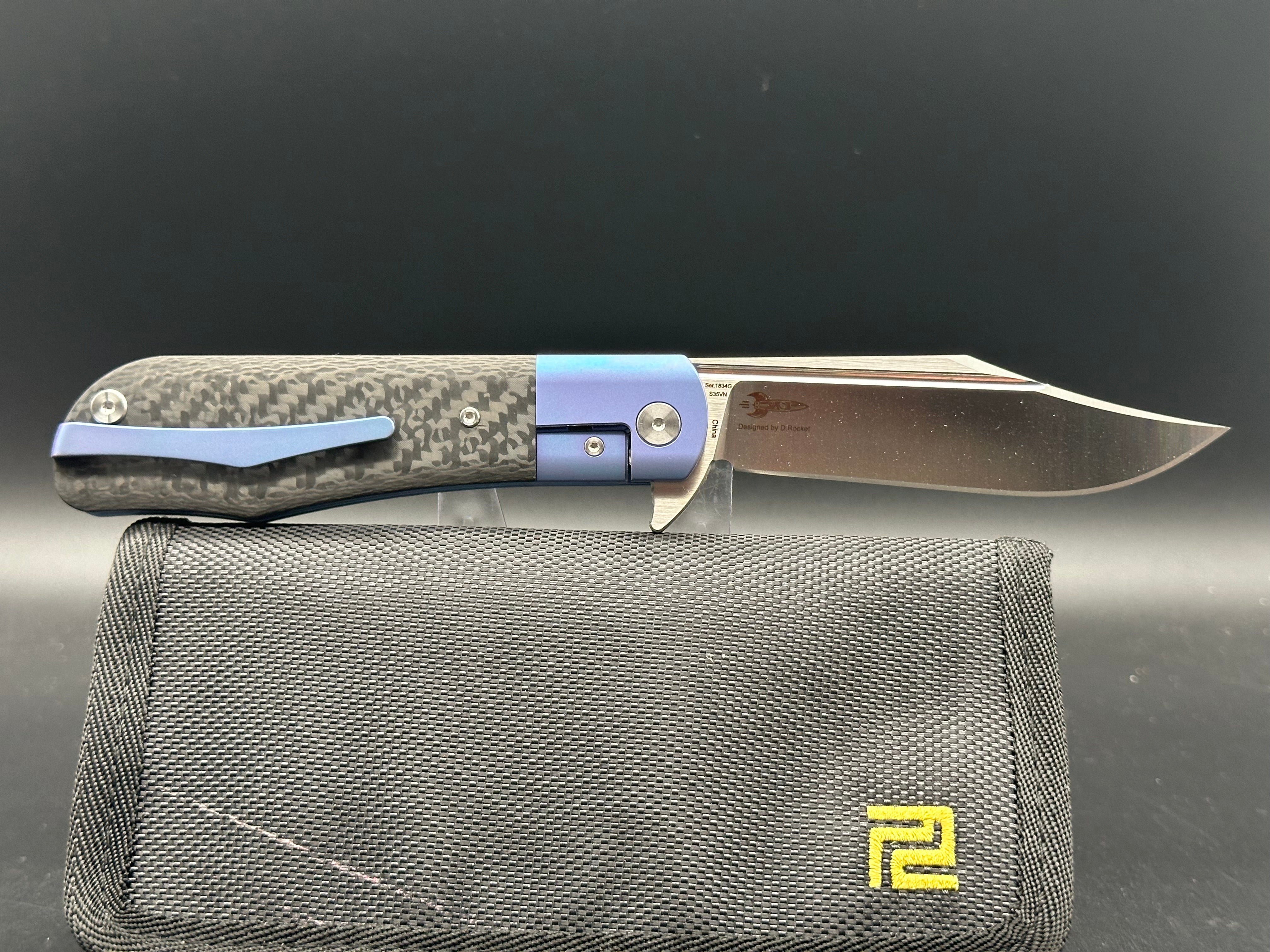 Artisan Cutlery D. Rocket Hyperion Frame Lock Knife CF/Blue Ti (4" Satin) 1834G