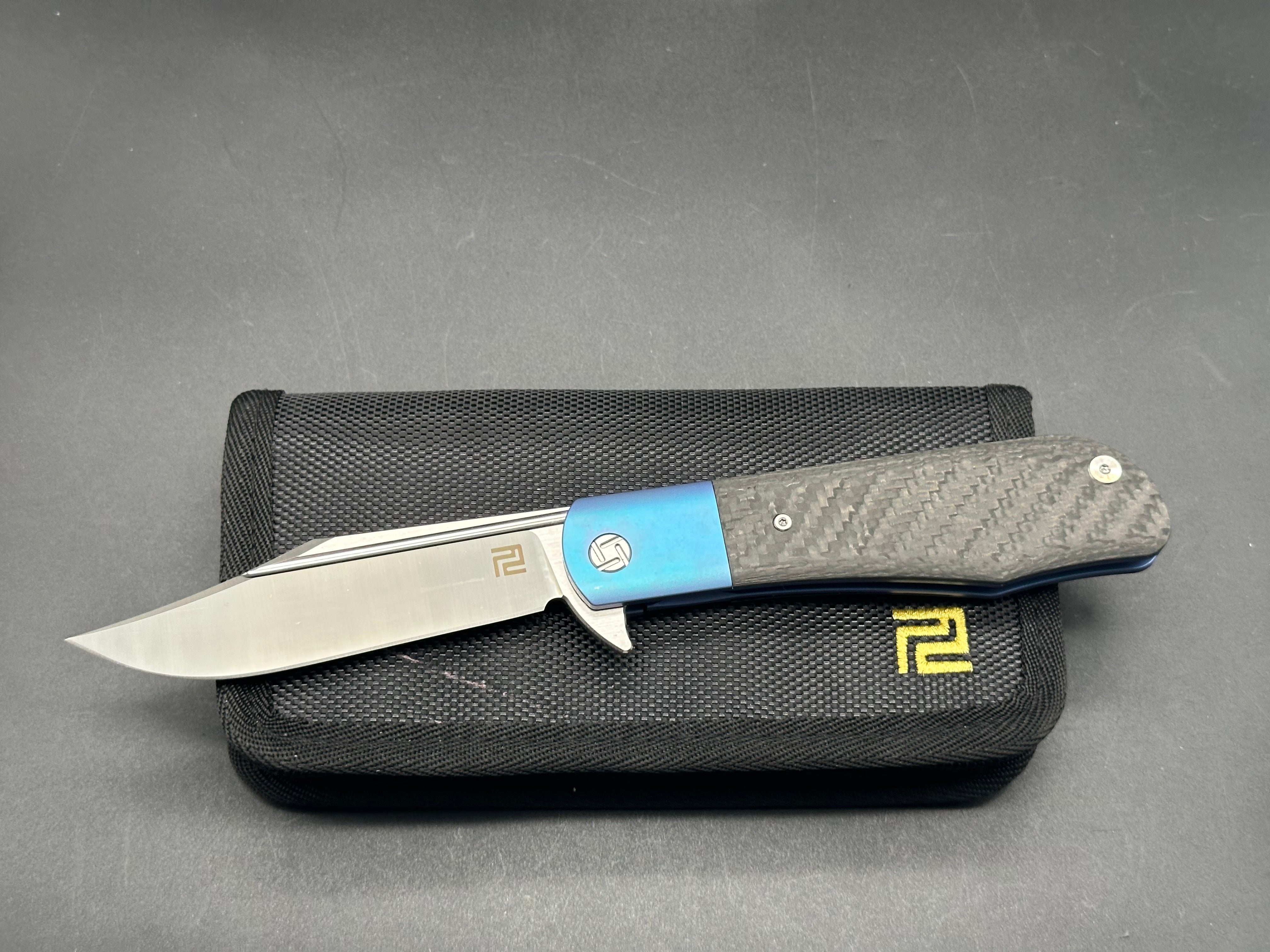 Artisan Cutlery D. Rocket Hyperion Frame Lock Knife CF/Blue Ti (4" Satin) 1834G