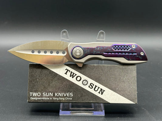 TWOSUN TS440 FOLDING KNIFE COLOR TITANIUM HANDLE 14C28N PLAIN EDGE