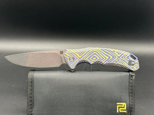 Artisan Cutlery Traditional S35VN SW Drop Point, Gold and Blue Anodized TI Handle