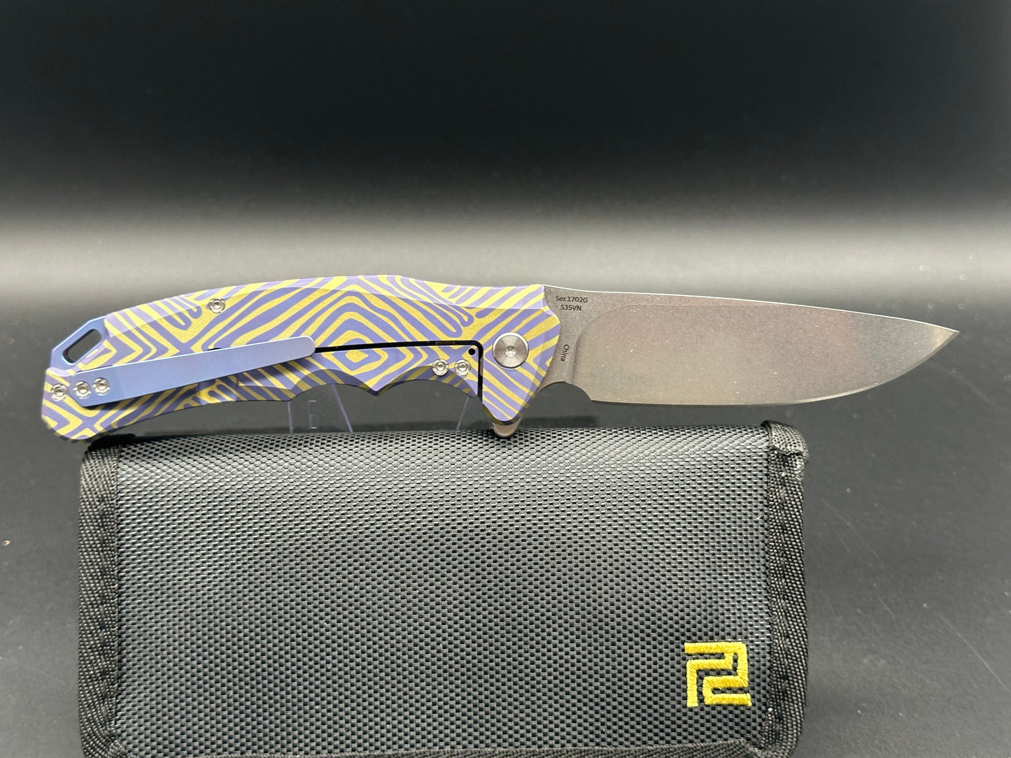 Artisan Cutlery Traditional S35VN SW Drop Point, Gold and Blue Anodized TI Handle