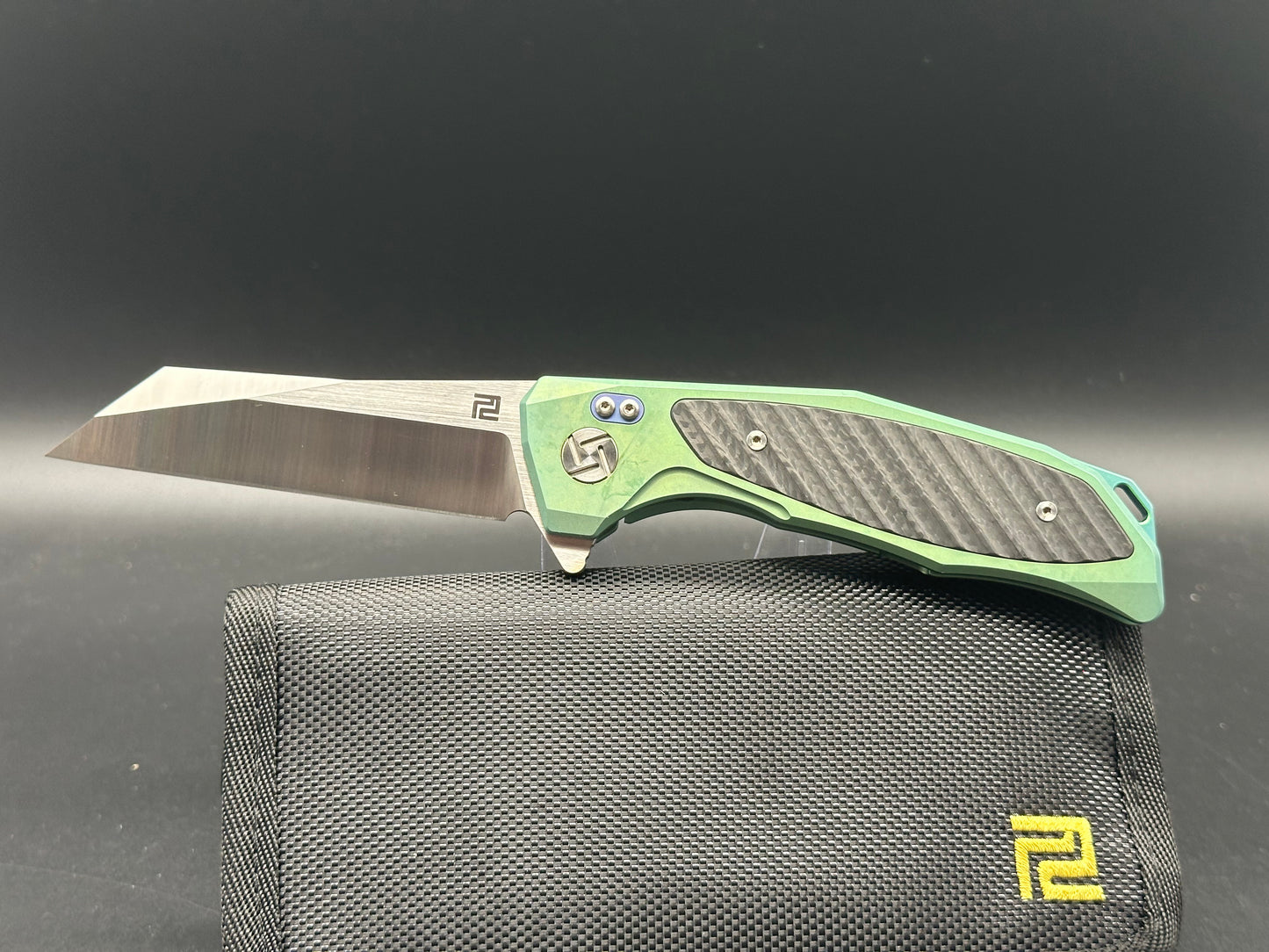 Artisan Cutlery Megahawk S35VN Wharncliffe, Green TI Handles w/CF Inlays