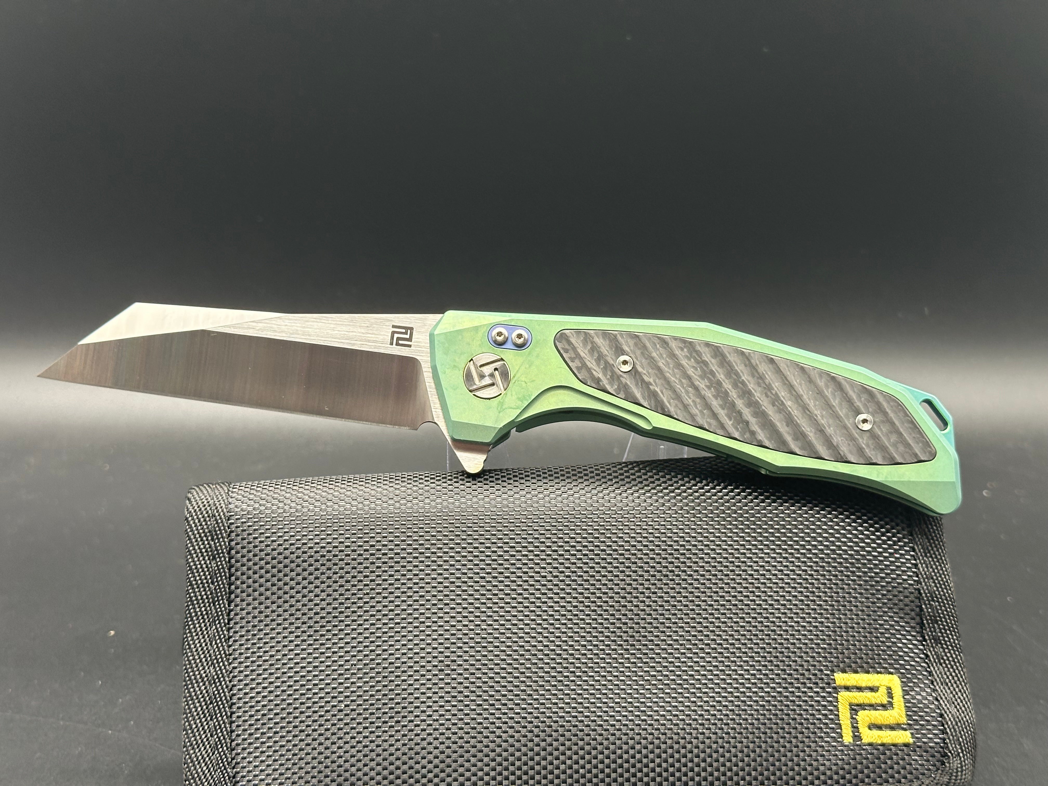 Artisan Cutlery Megahawk S35VN Wharncliffe, Green TI Handles w/CF Inlays